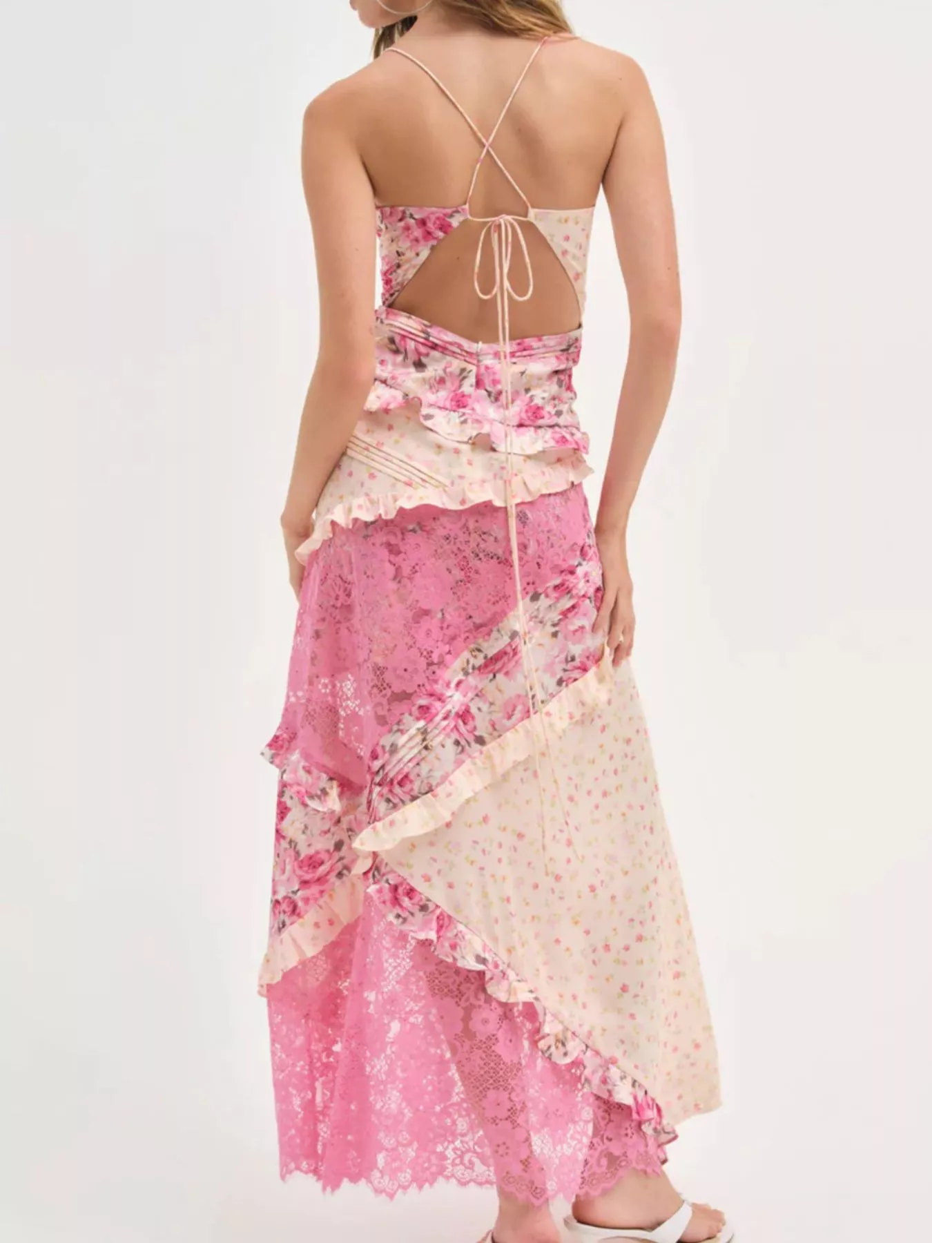 Lace Detail Ruffled Floral V-Neck Maxi Dress - Image 19
