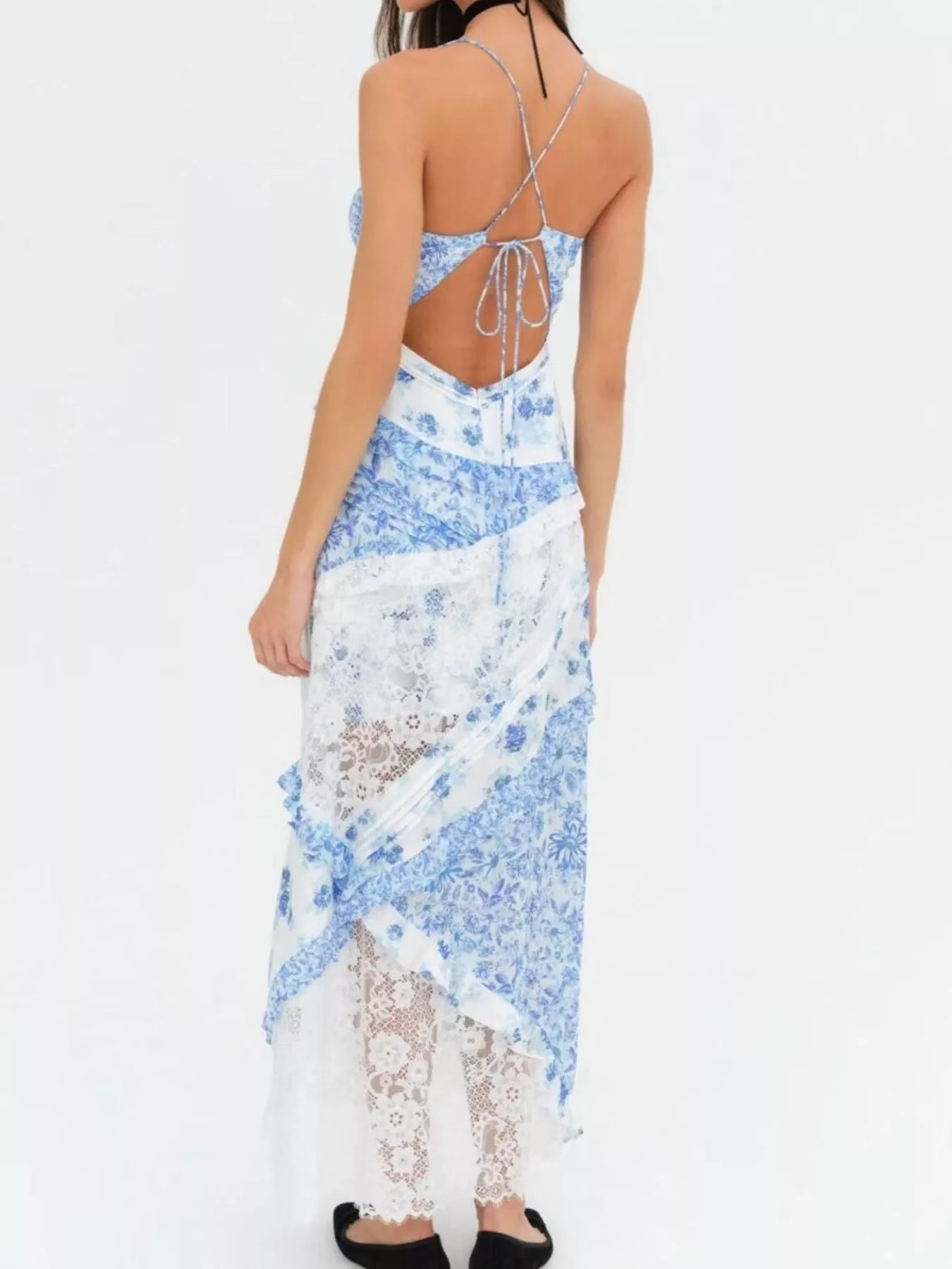 Lace Detail Ruffled Floral V-Neck Maxi Dress - Image 8