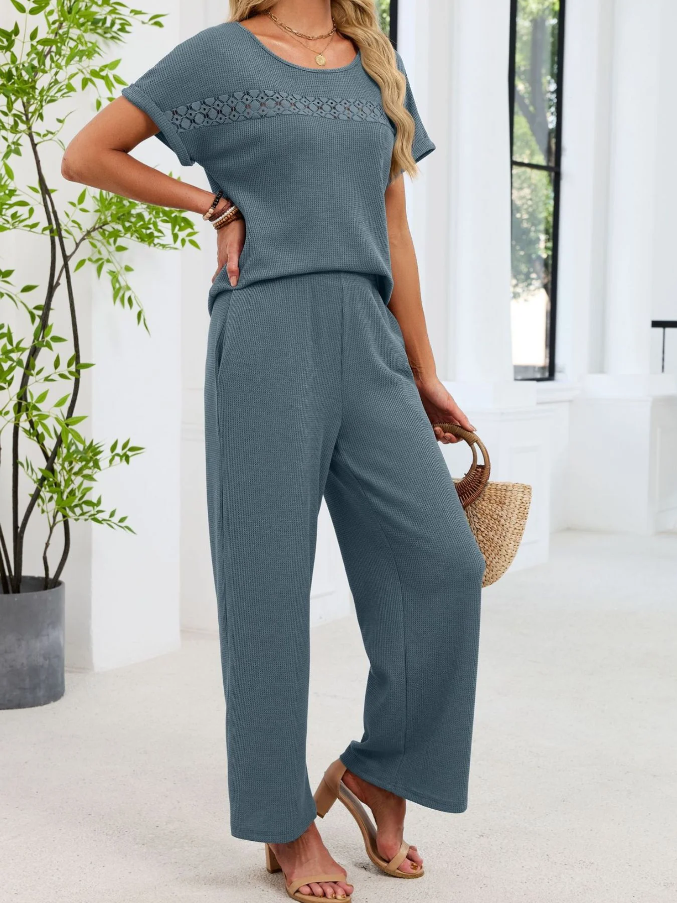 Lace Detail Short Sleeve Top and Pants Set - Image 17