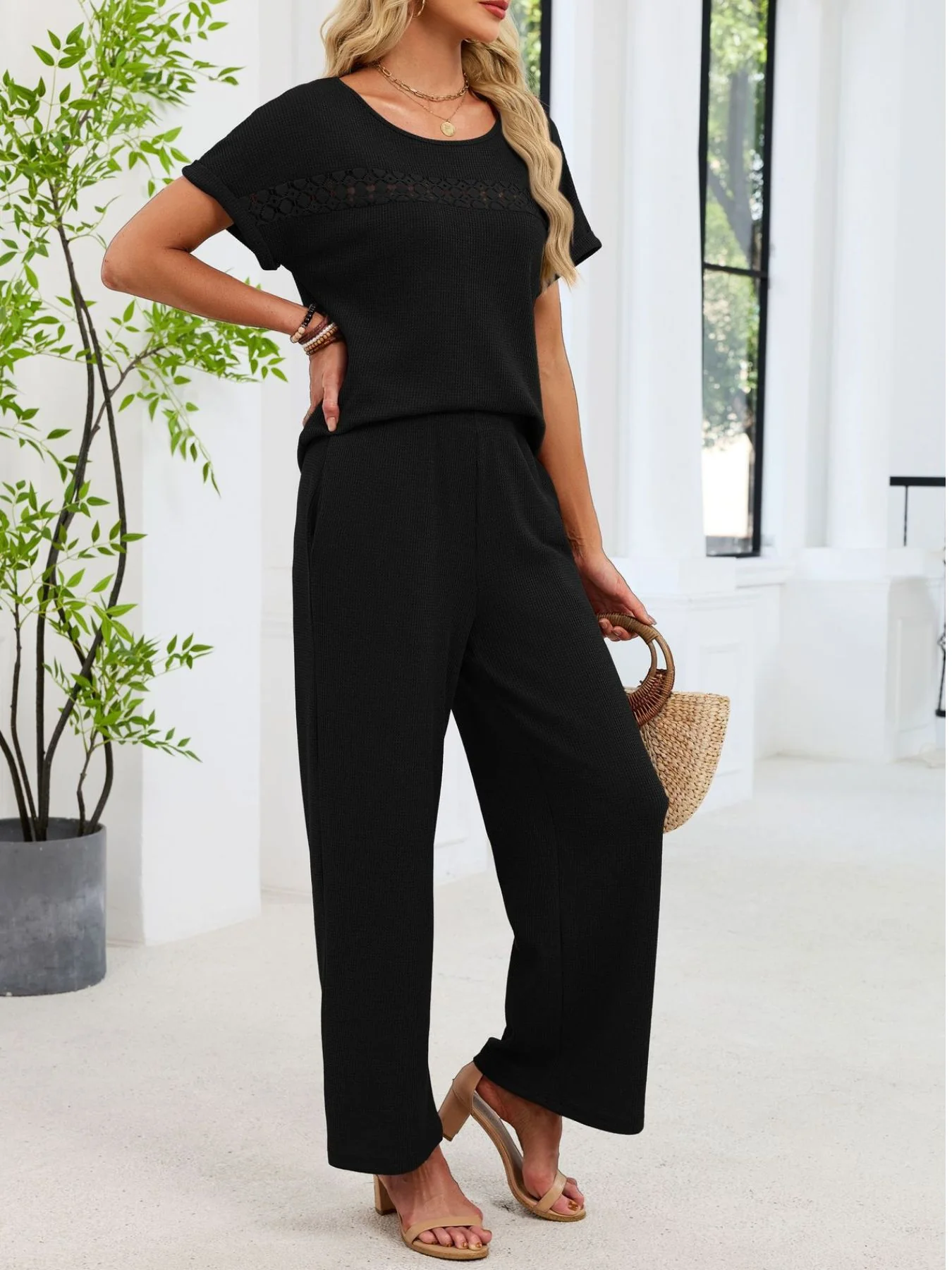 Lace Detail Short Sleeve Top and Pants Set - Image 19