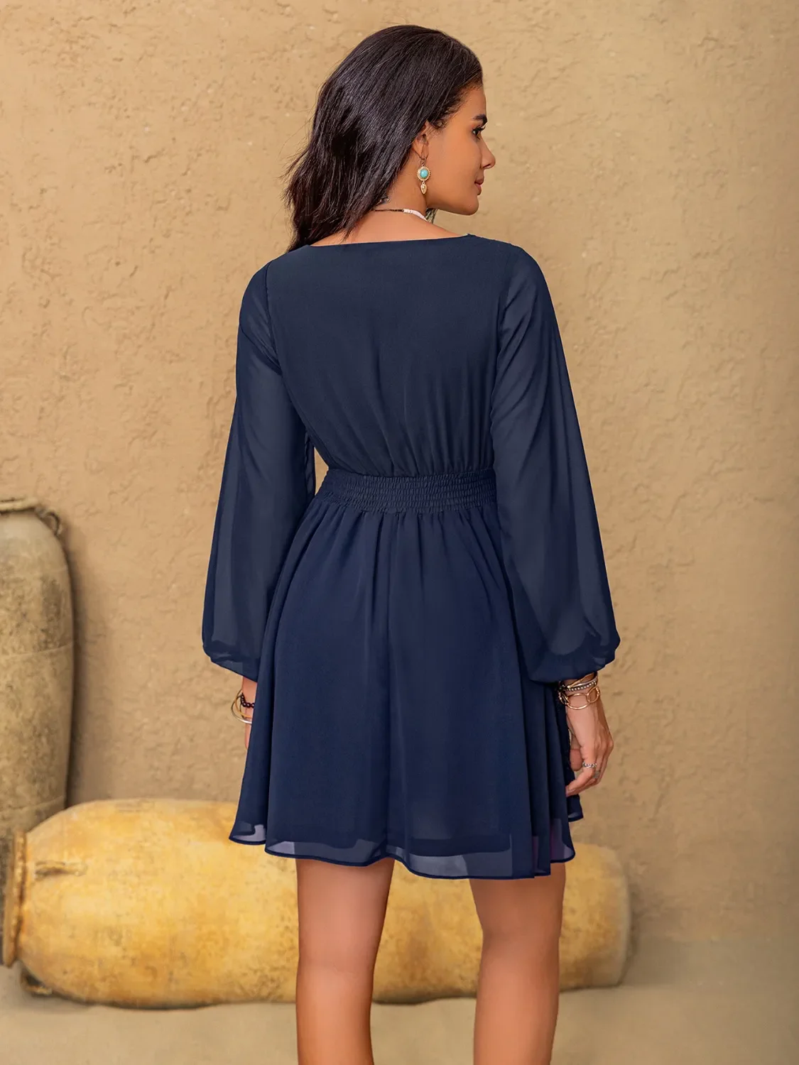 Lace Detail V-Neck Balloon Sleeve Mini Dress - Image 6