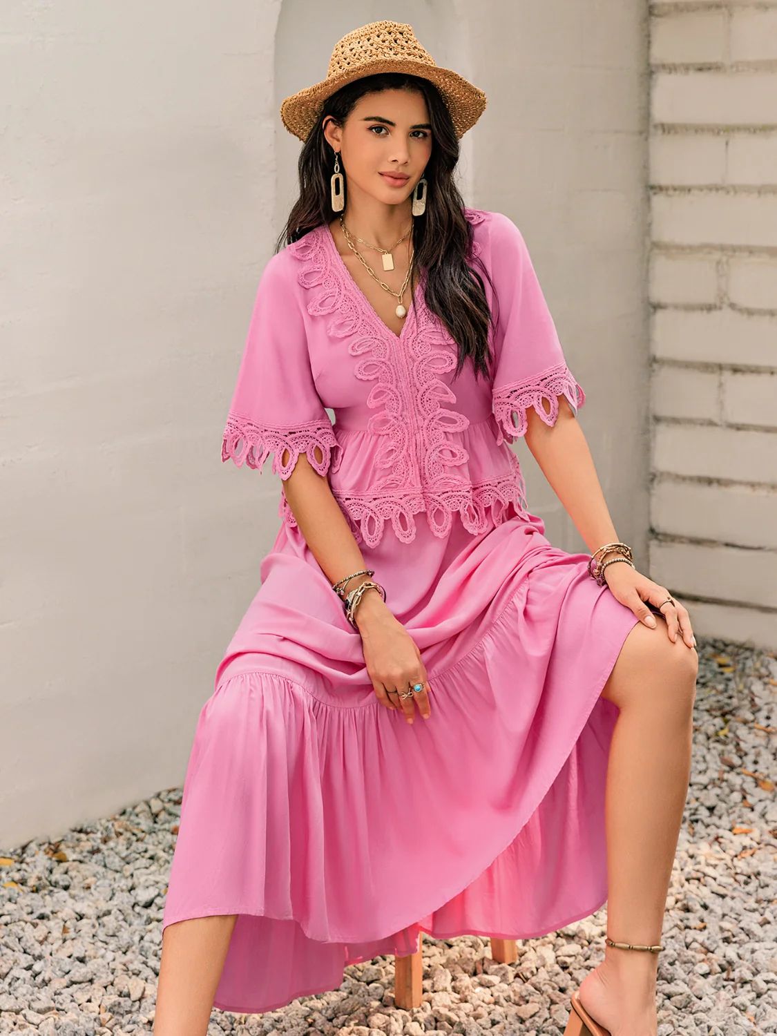 Lace Detail V-Neck Half Sleeve Midi Dress - Image 8