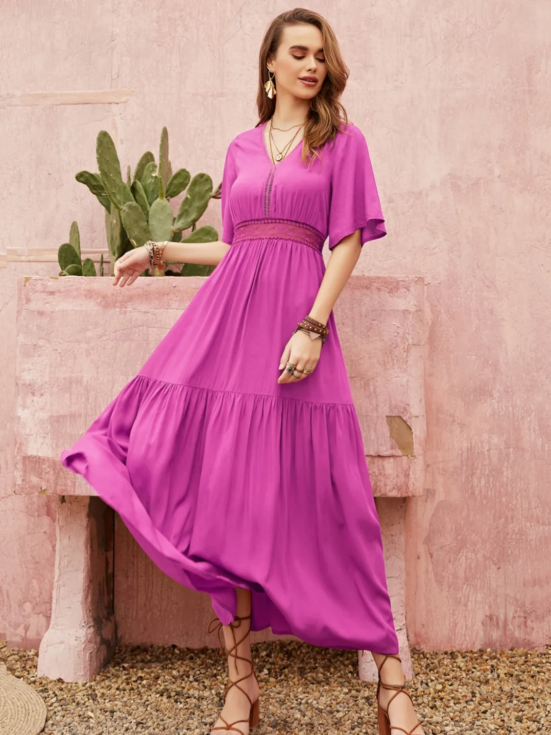 Lace Detail V-Neck Short Sleeve Midi Dress - Image 4