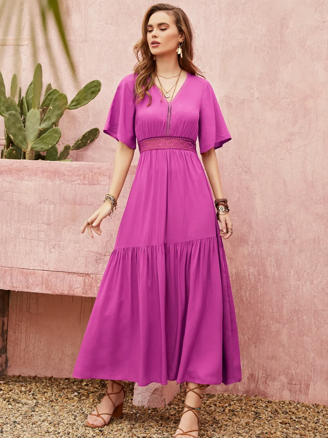 Lace Detail V-Neck Short Sleeve Midi Dress - Image 5