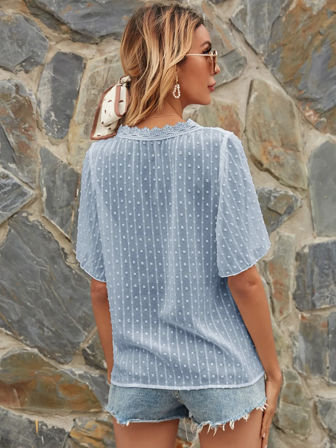 Lace Detail V-Neck Siwss Dot Blouse - Image 10