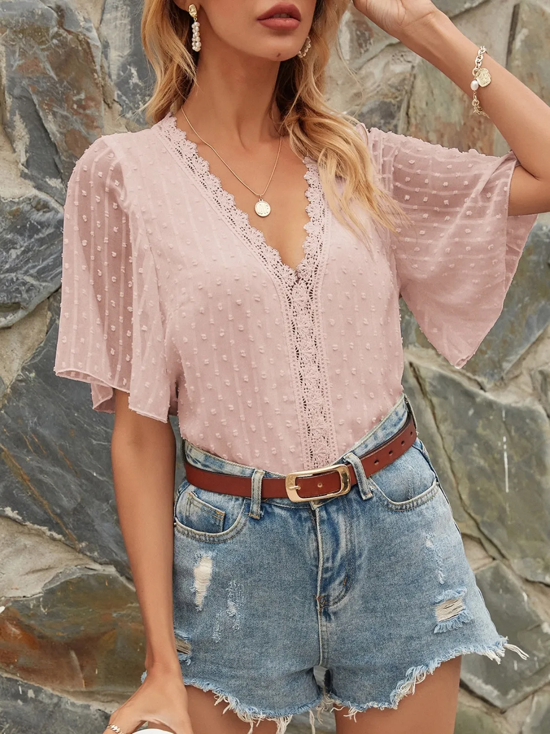 Lace Detail V-Neck Siwss Dot Blouse - Image 11