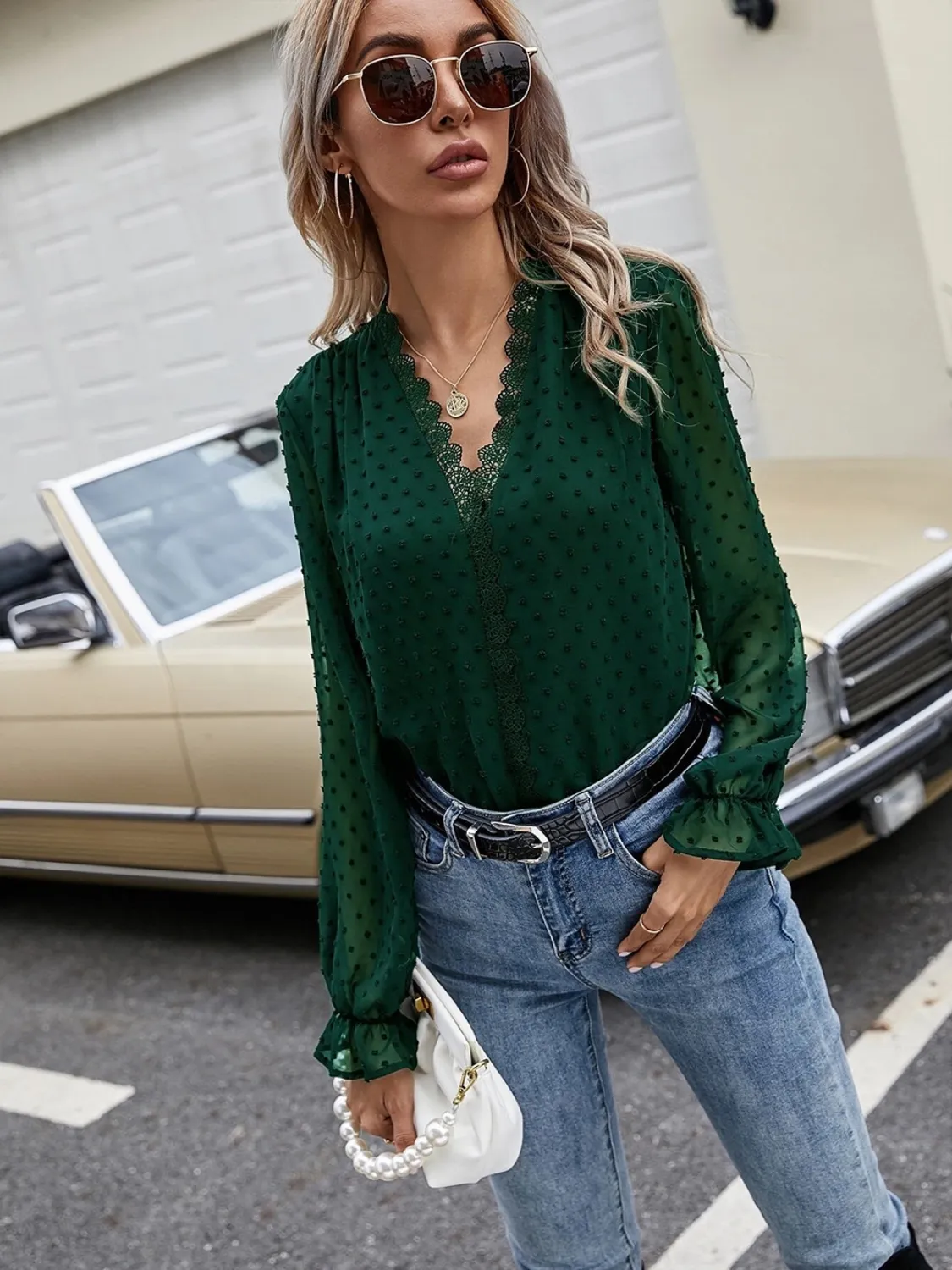 Lace Detail V-Neck Swiss Dot Blouse - Image 14