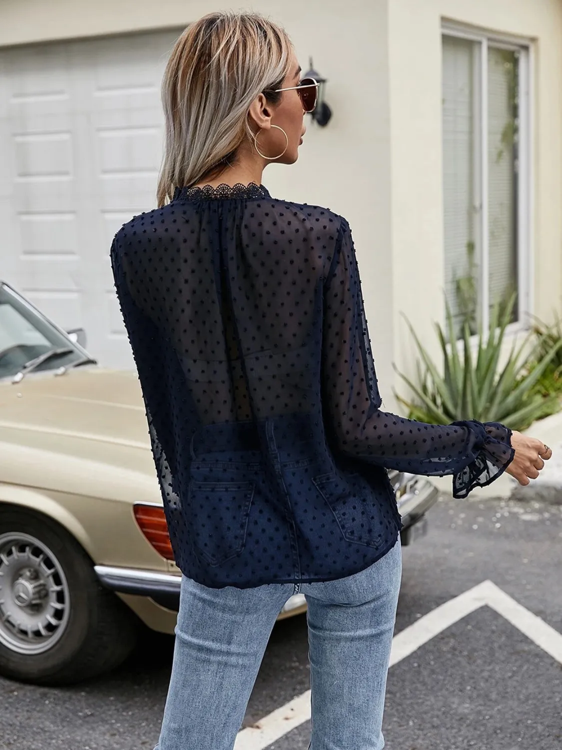 Lace Detail V-Neck Swiss Dot Blouse - Image 6