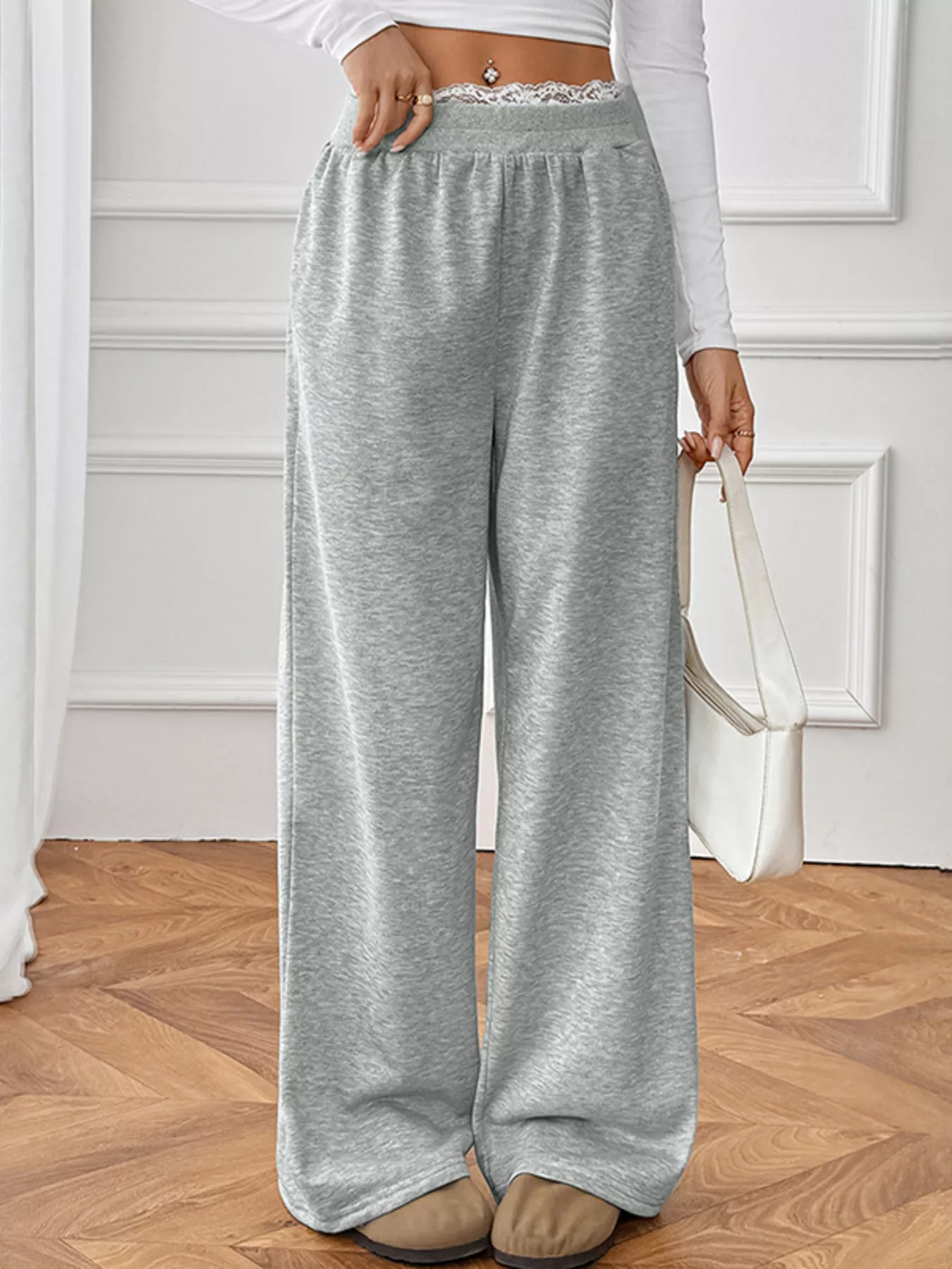 Lace Detail Wide Leg Casual Pants