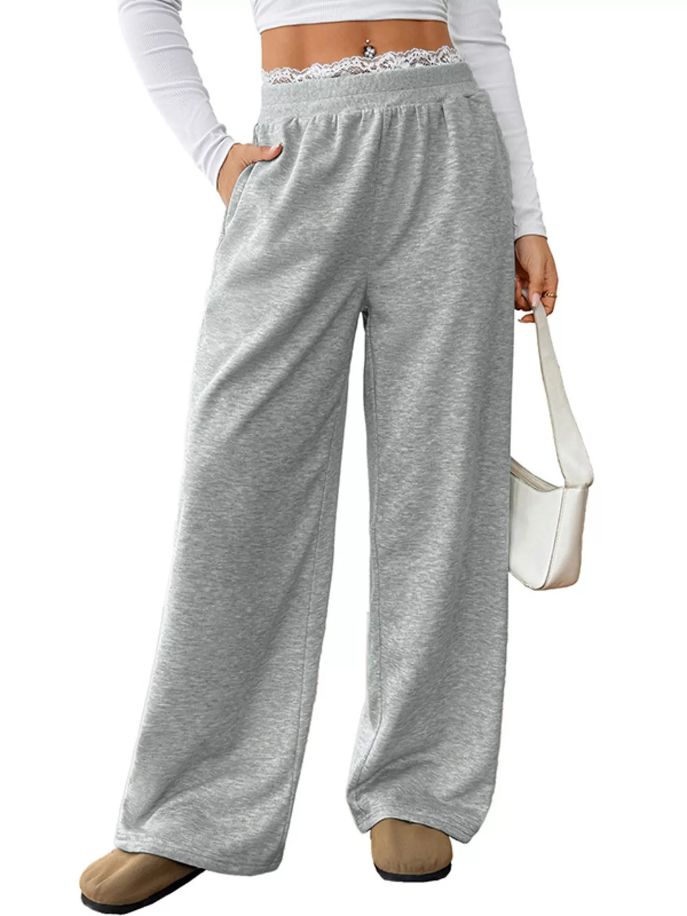 Lace Detail Wide Leg Casual Pants - Image 12
