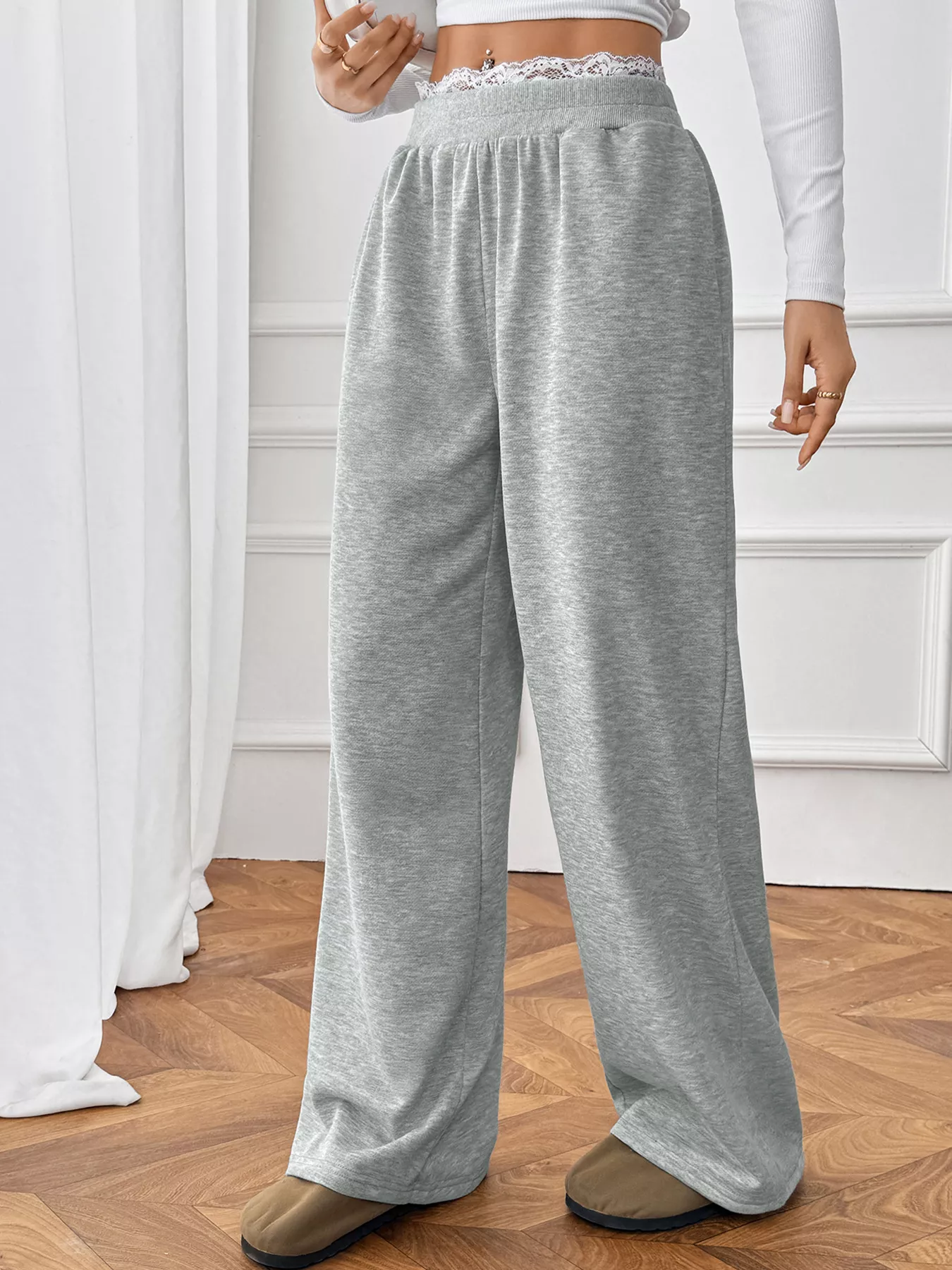 Lace Detail Wide Leg Casual Pants - Image 5