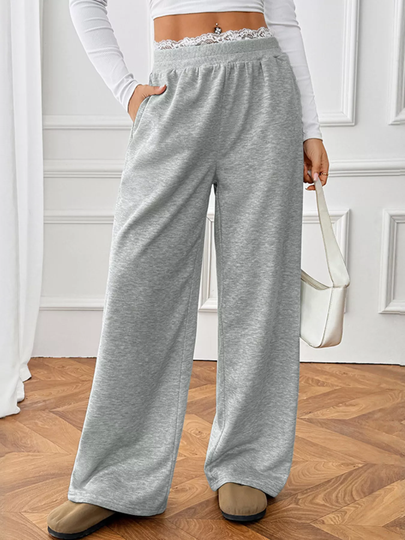 Lace Detail Wide Leg Casual Pants - Image 8