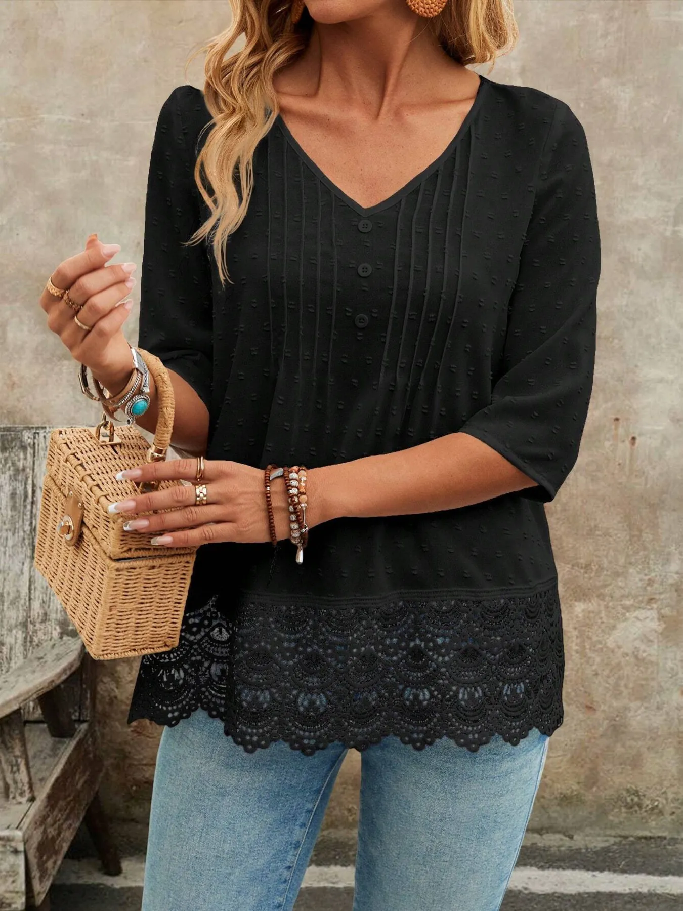Lace Hem V-Neck Blouse - Image 17