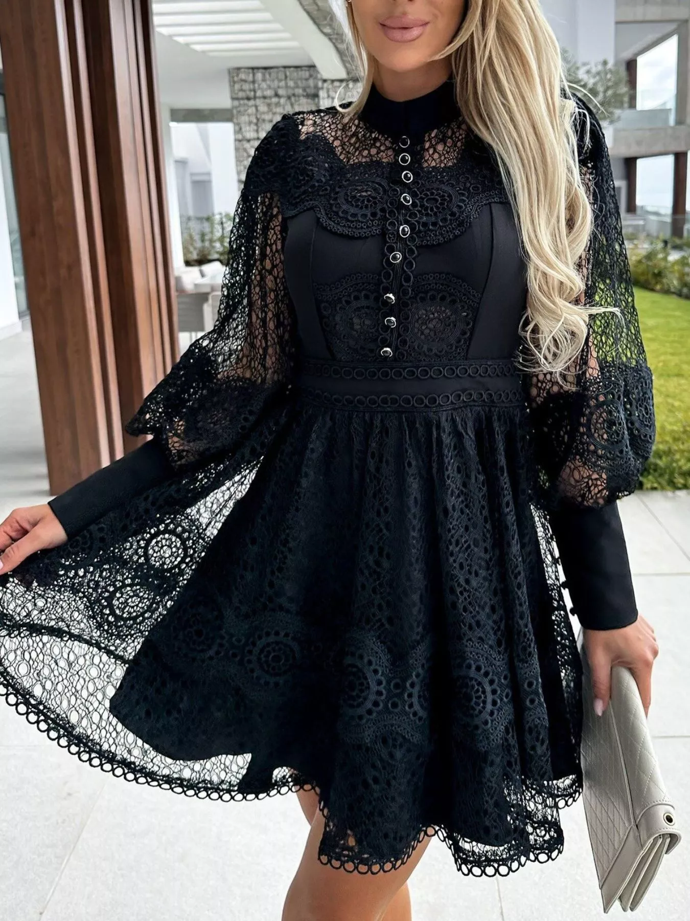 Lace Lantern Sleeve Mini Dress - Image 8