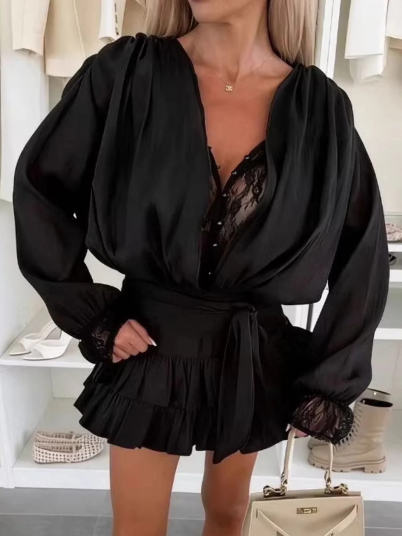 Lace Long Sleeve Dress with Short Liner - Image 9