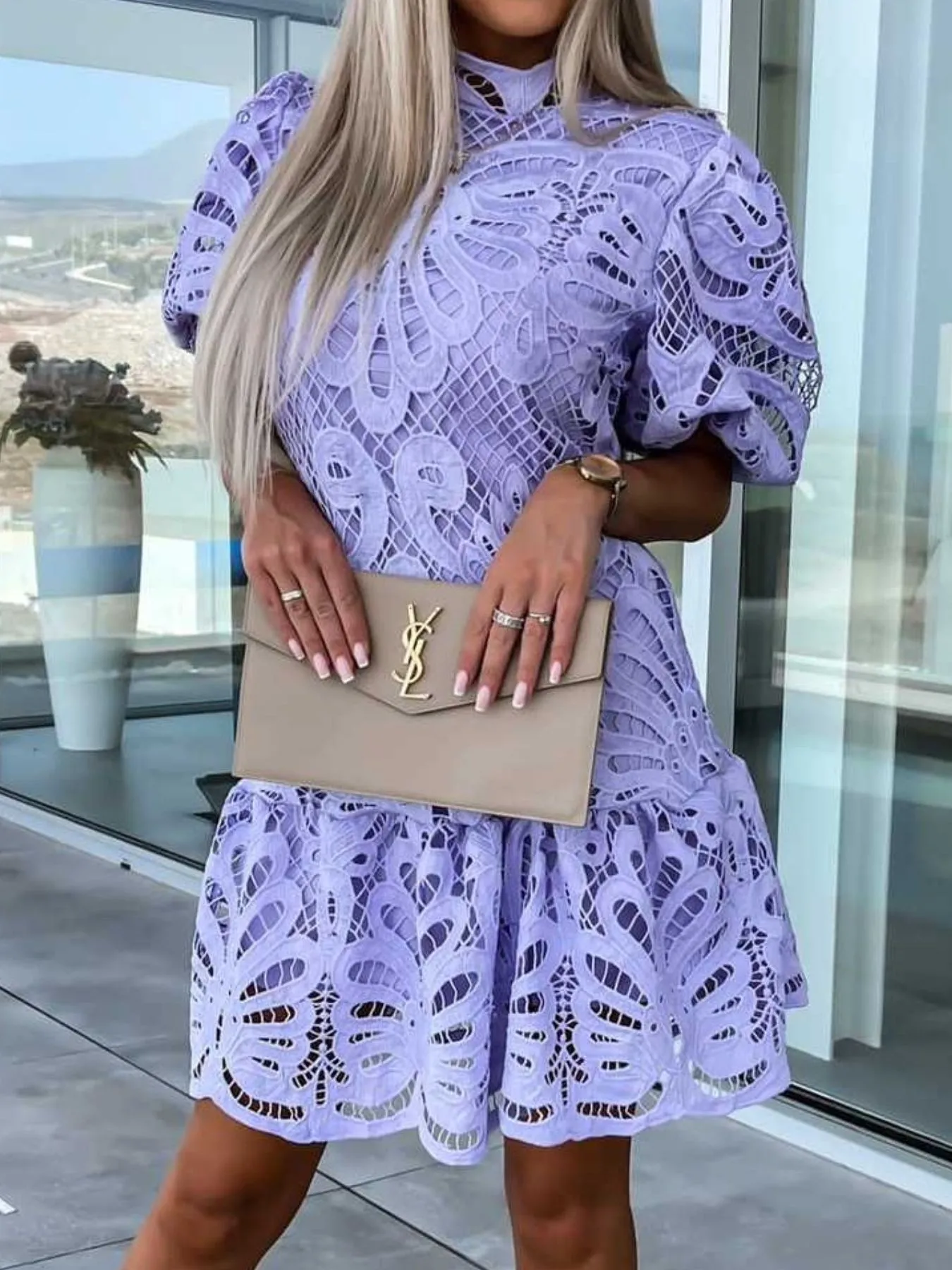Lace Mock Neck Puff Sleeve Dress - Image 13