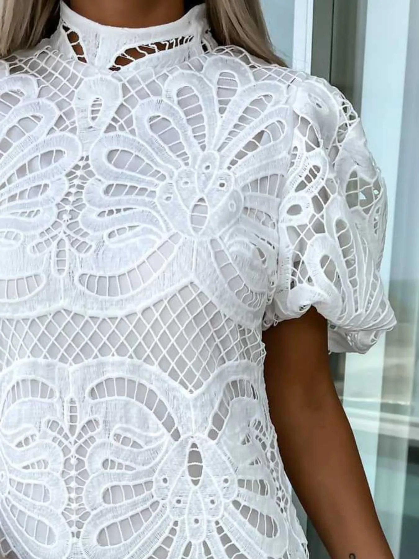 Lace Mock Neck Puff Sleeve Dress - Image 3