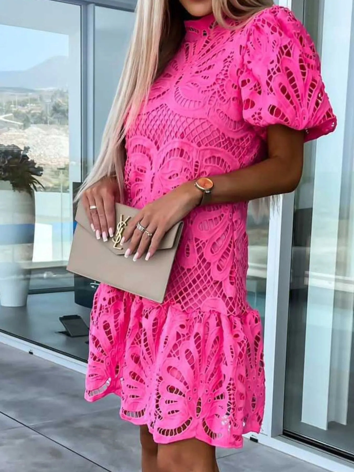 Lace Mock Neck Puff Sleeve Dress - Image 6