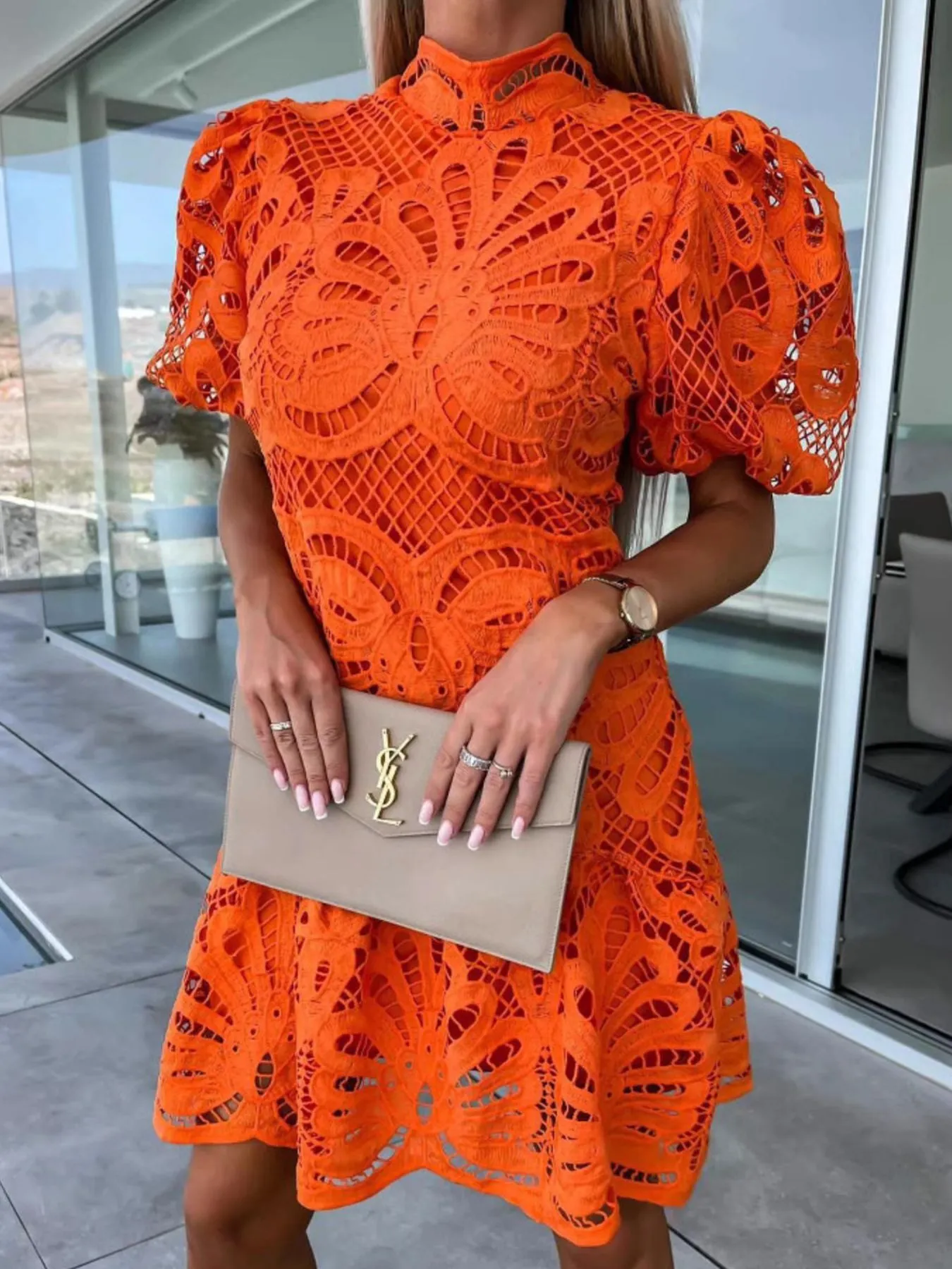 Lace Mock Neck Puff Sleeve Dress - Image 9