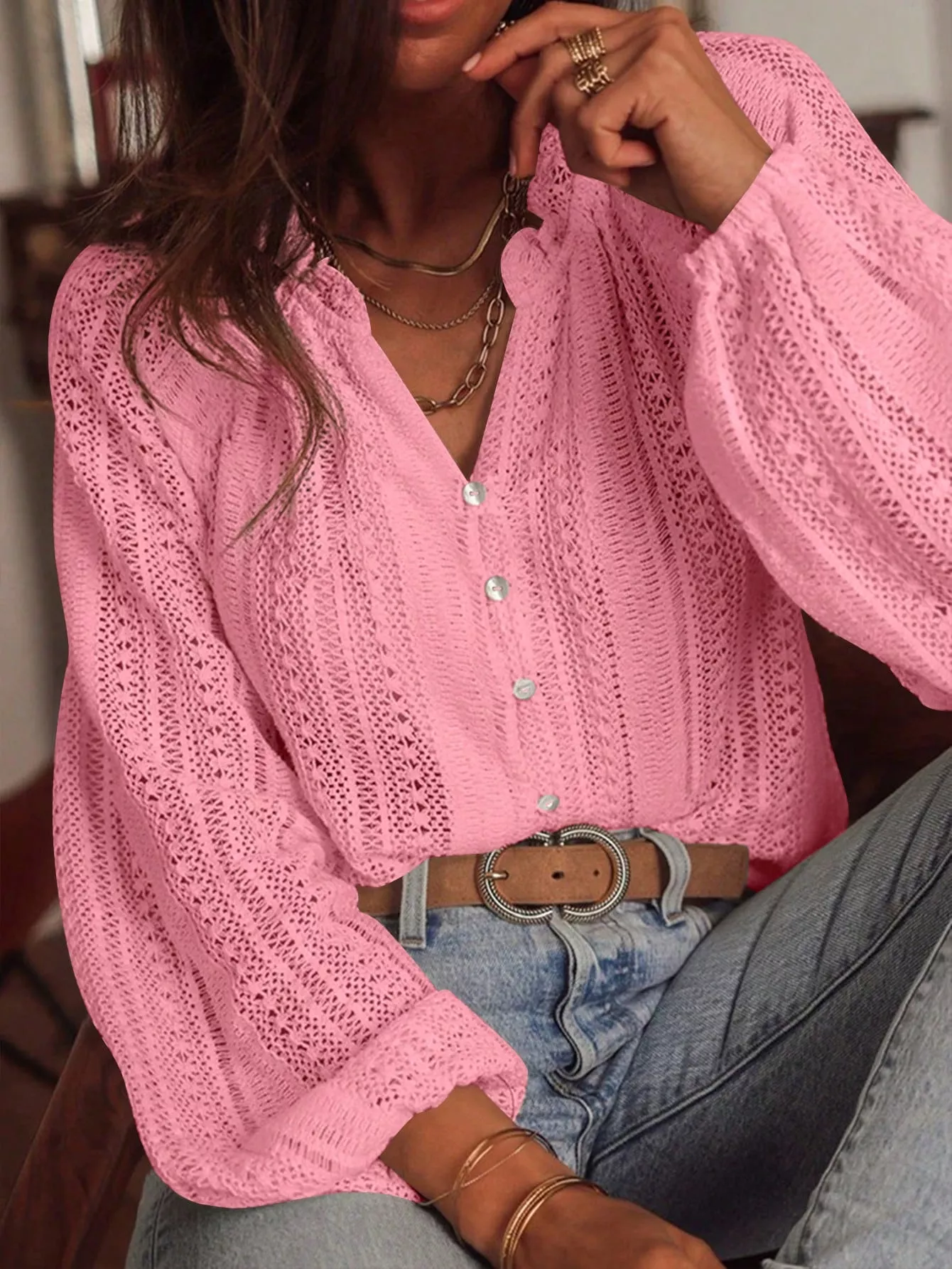 Lace Notched Long Sleeve Shirt - Image 18