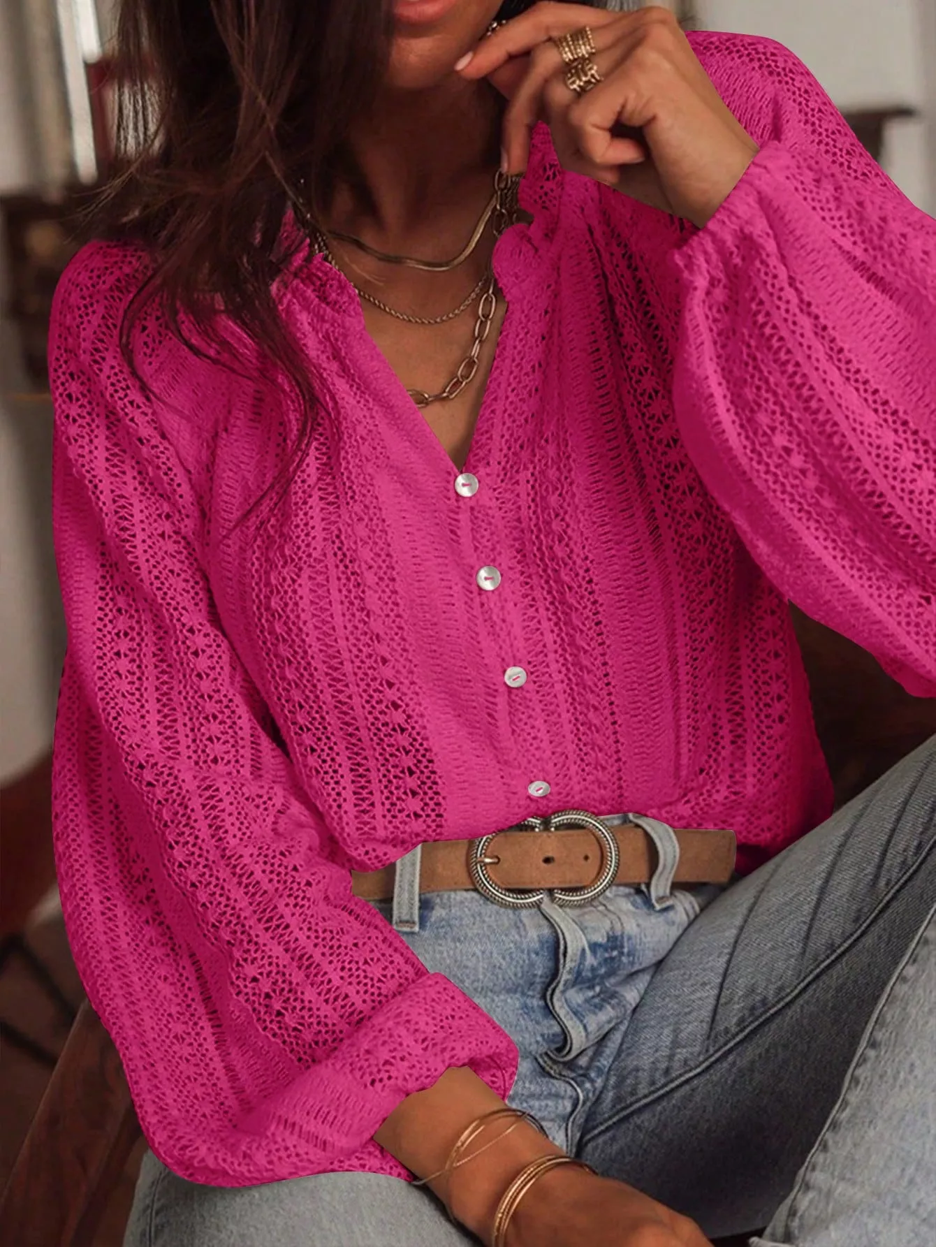 Lace Notched Long Sleeve Shirt - Image 28