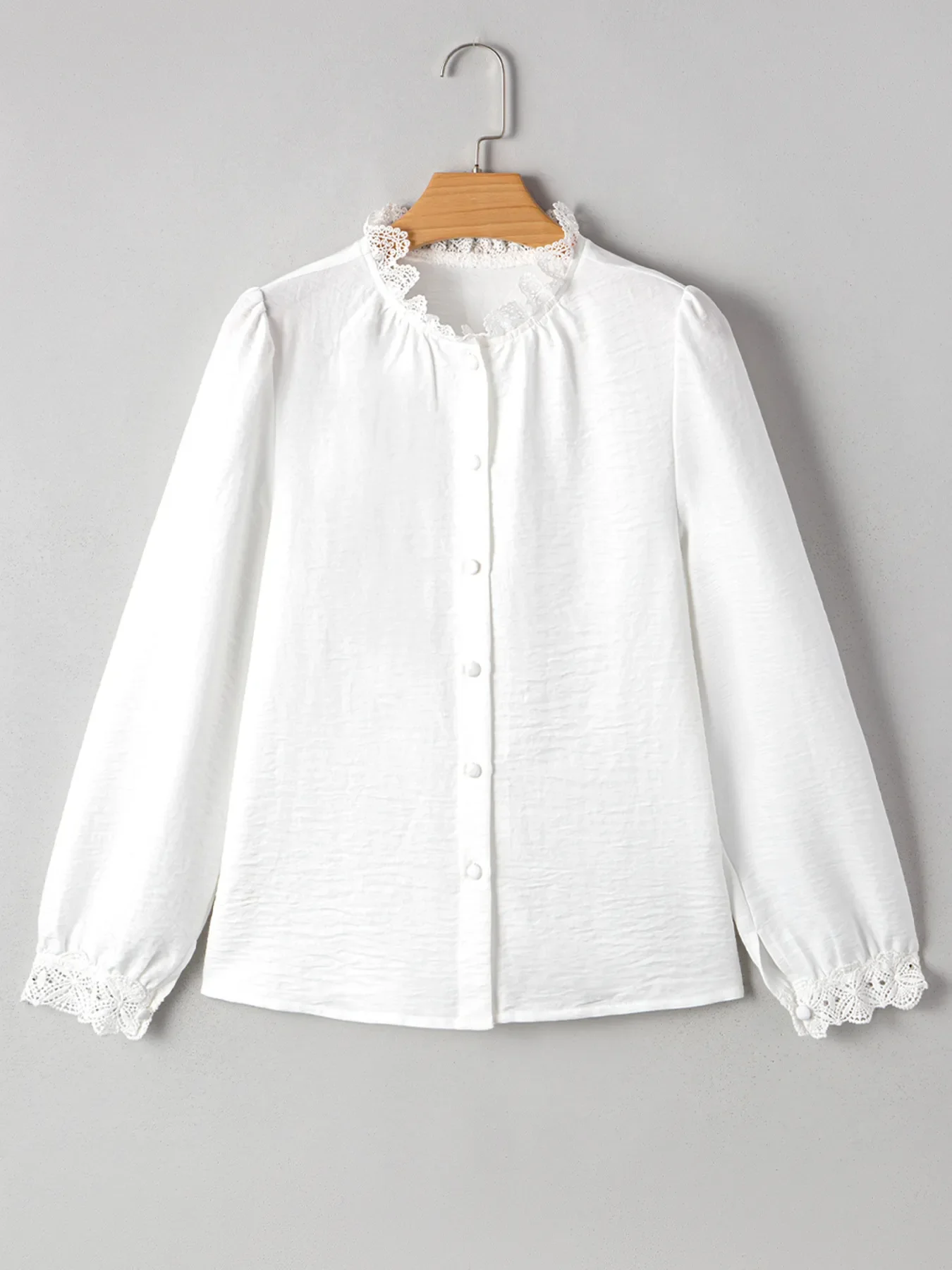Lace Patchwork Buttoned Stand Neck Loose Shirt - Image 6