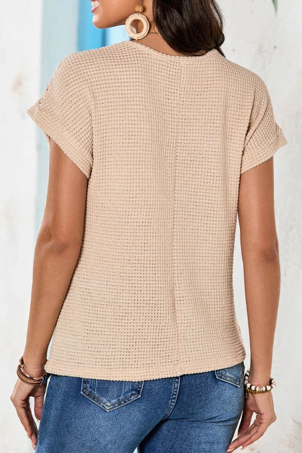 Lace Patchwork Waffle Short Sleeve Knit Top - Image 2