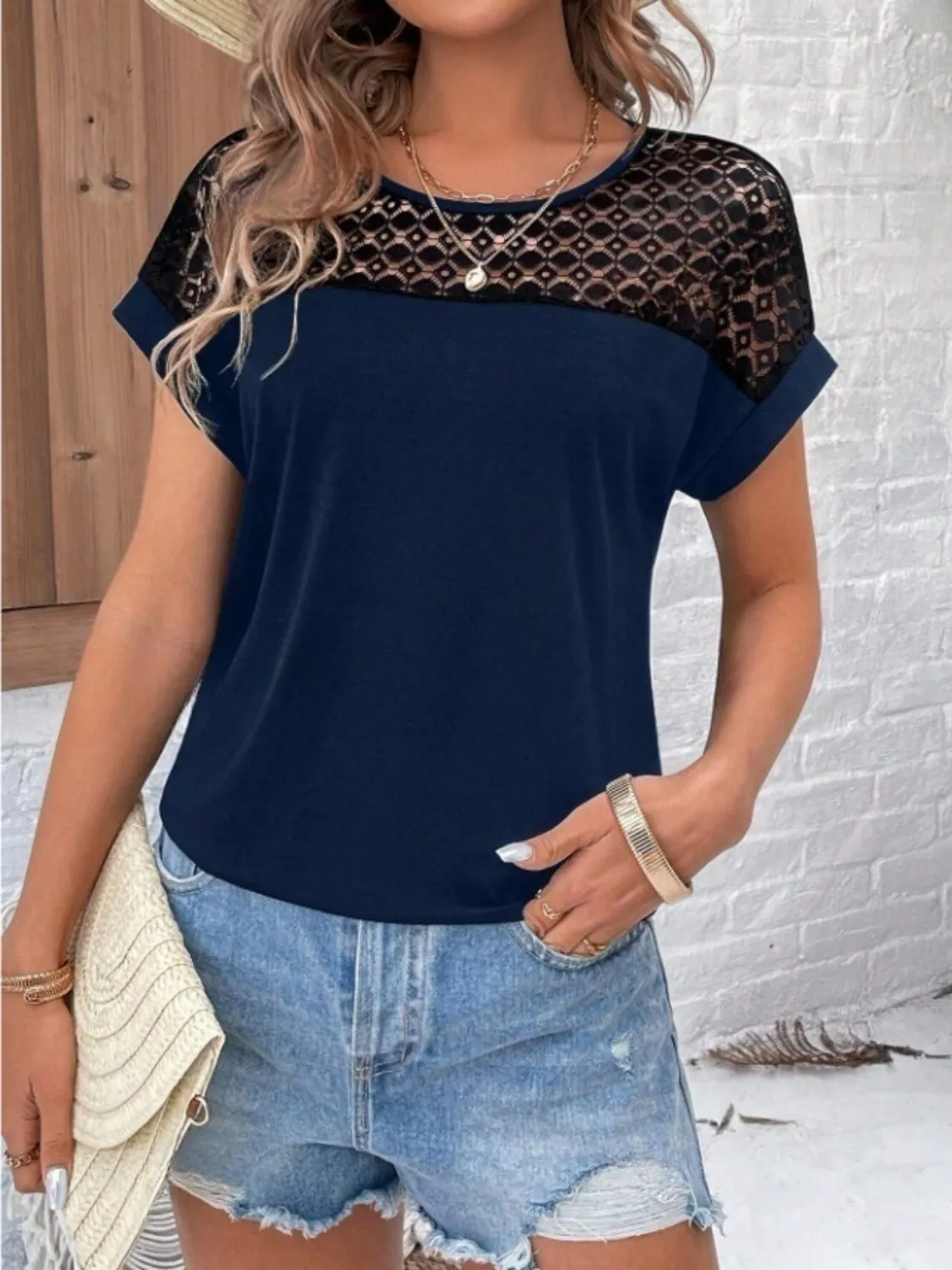 Lace Round Neck Short Sleeve T-Shirt - Image 7