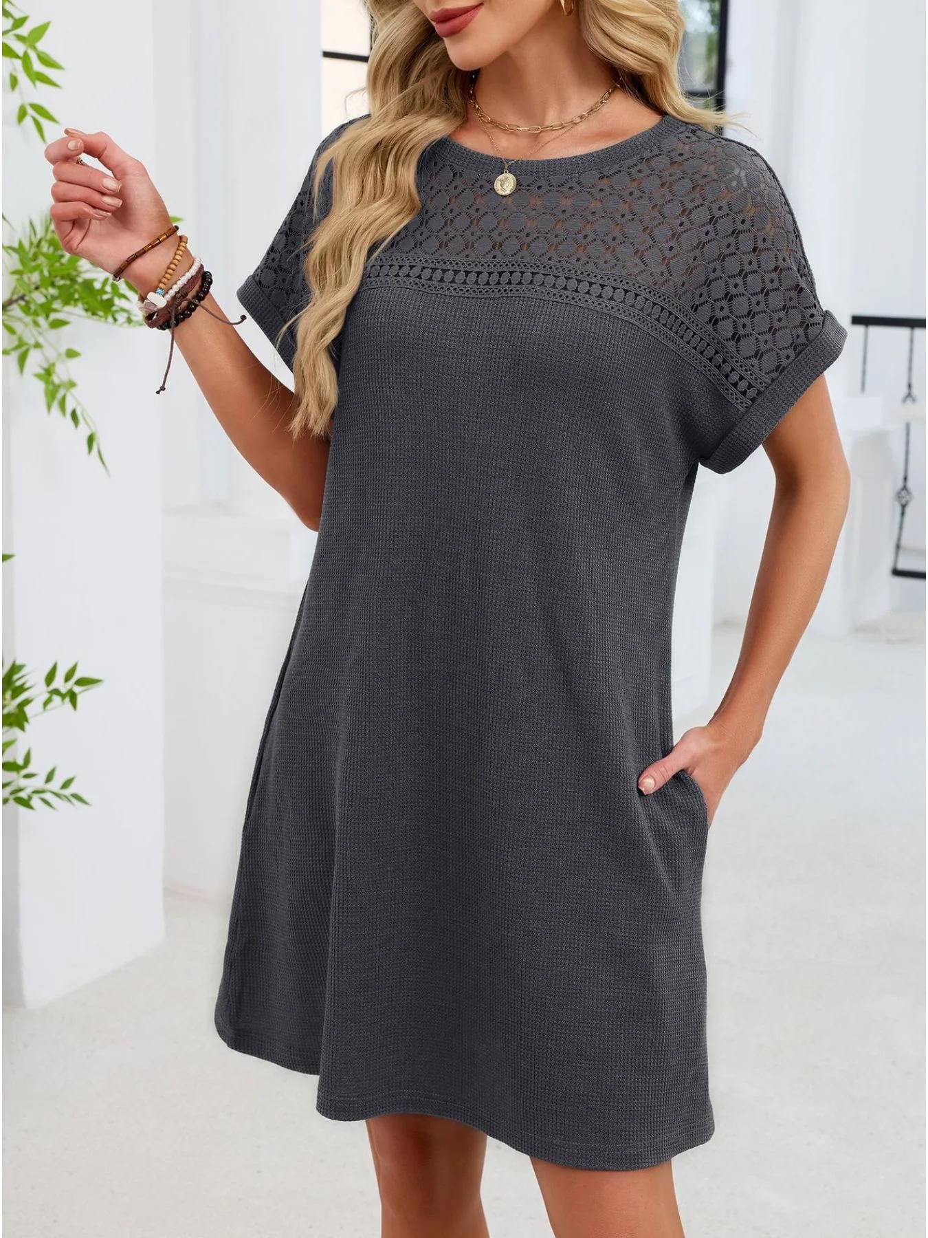 Lace Round Neck Short Sleeve T-Shirt Dress - Image 19
