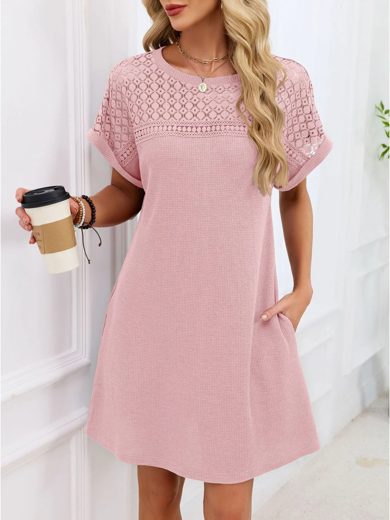 Lace Round Neck Short Sleeve T-Shirt Dress - Image 26