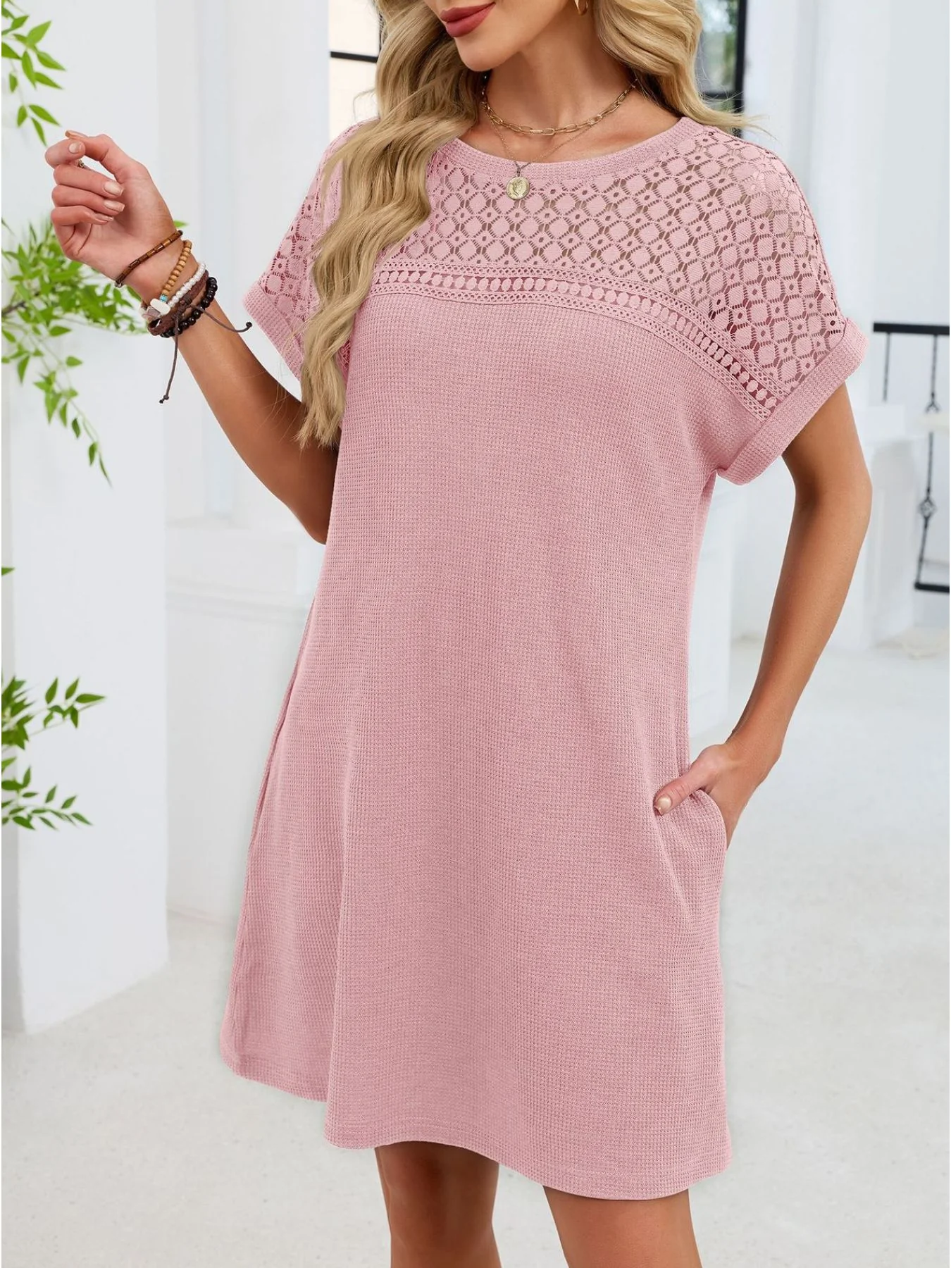 Lace Round Neck Short Sleeve T-Shirt Dress - Image 27