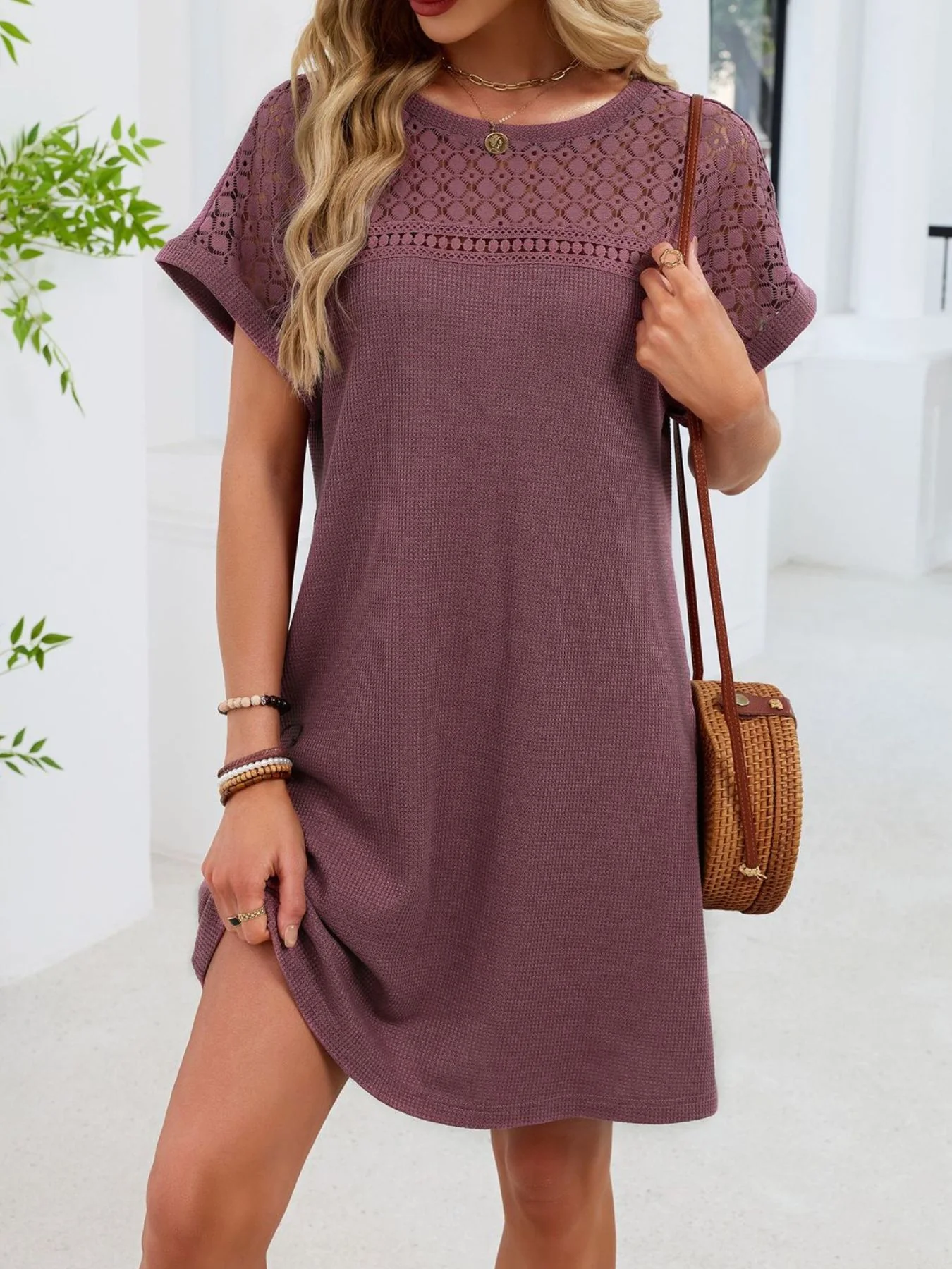 Lace Round Neck Short Sleeve T-Shirt Dress - Image 3
