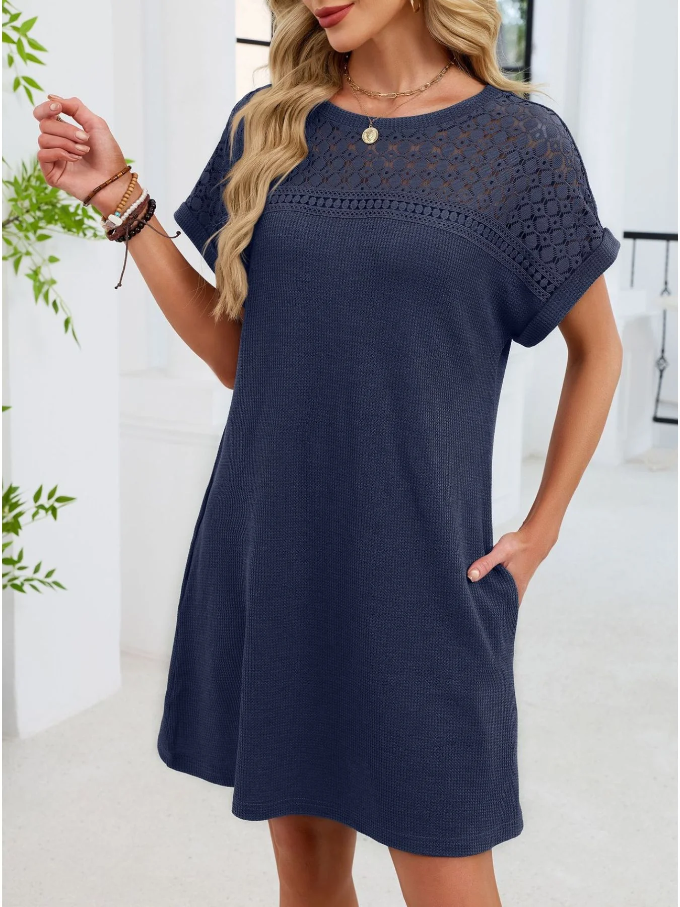 Lace Round Neck Short Sleeve T-Shirt Dress - Image 32