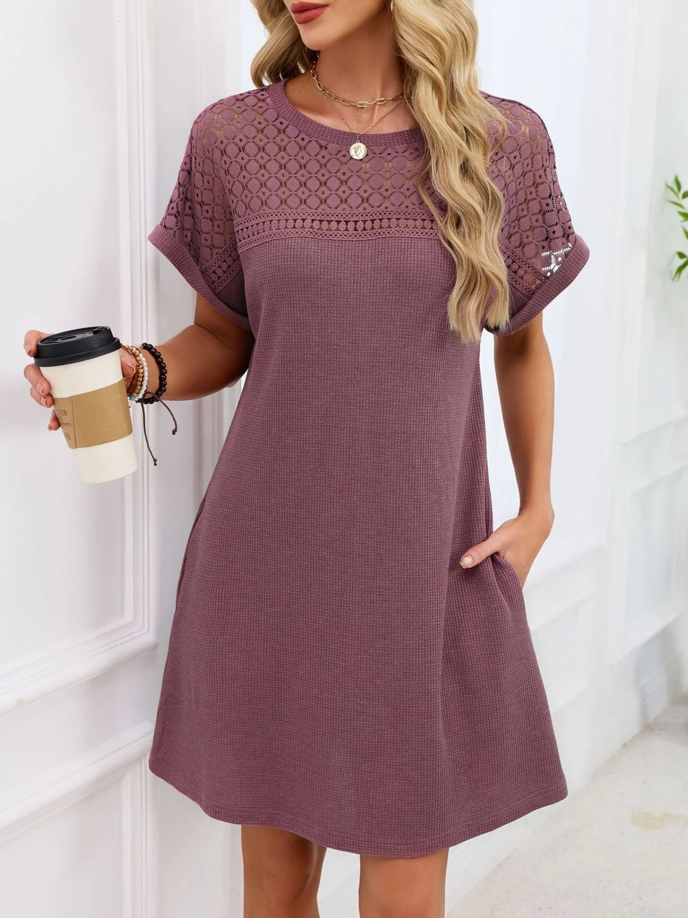 Lace Round Neck Short Sleeve T-Shirt Dress - Image 4