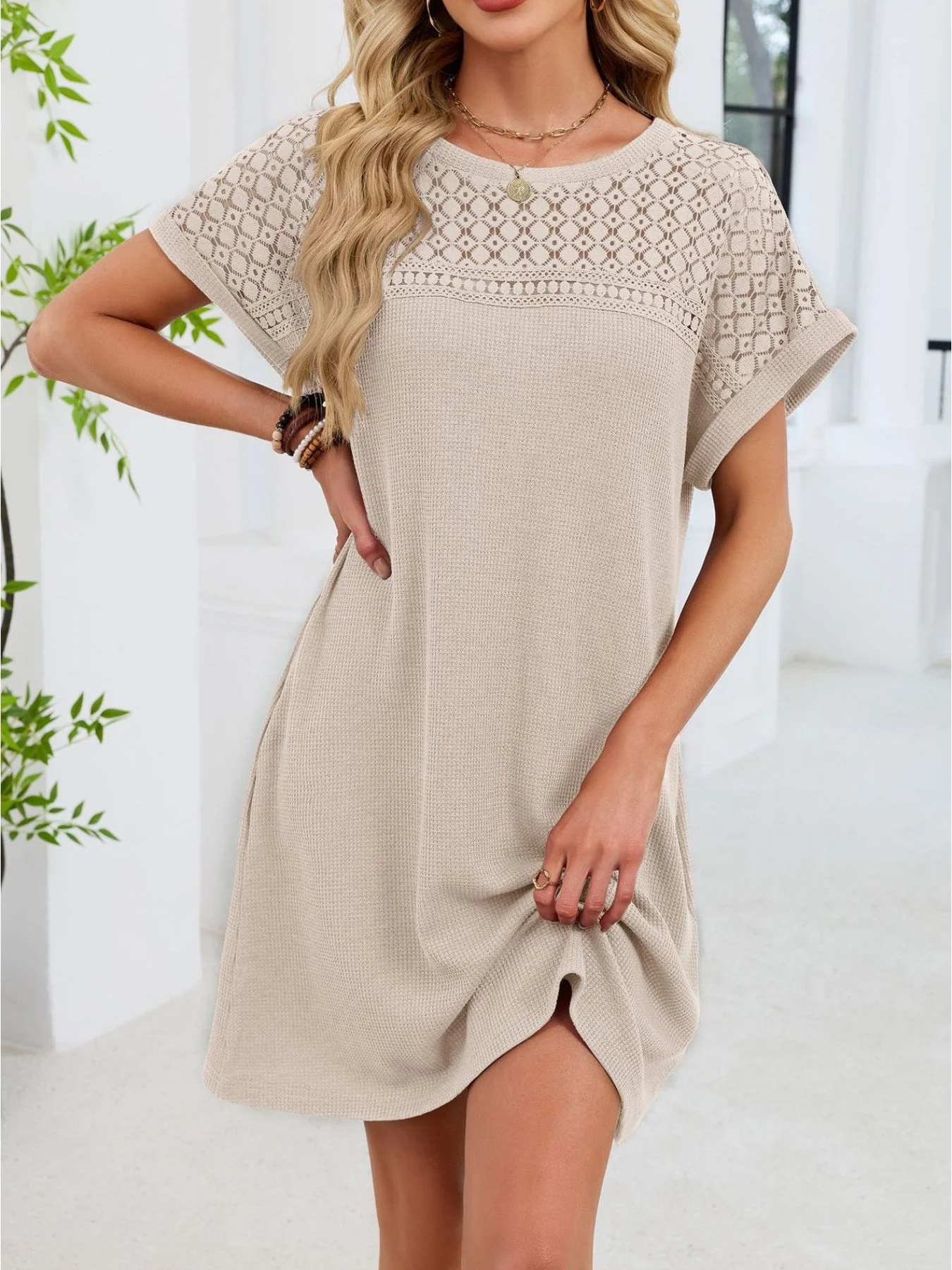 Lace Round Neck Short Sleeve T-Shirt Dress - Image 9