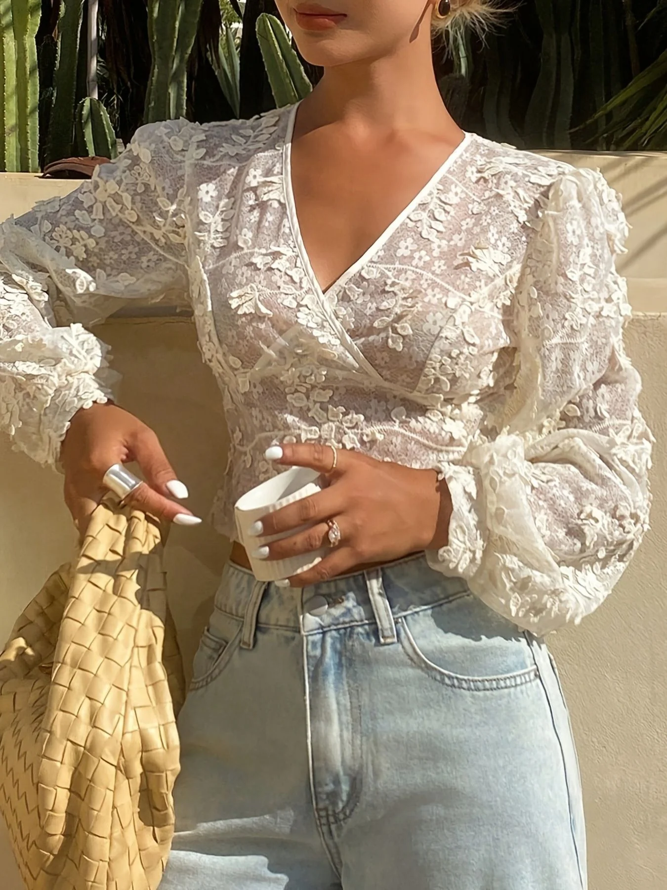 Lace Sheer Long Sleeve Wrap Blouse - Image 4