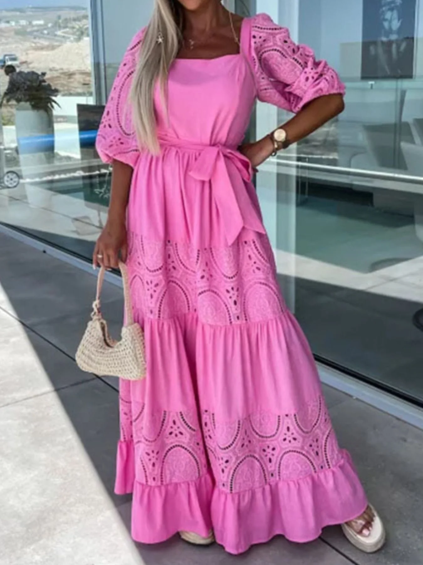 Lace Sleeve Belted Tiered Ruffled Maxi Dress - Image 11