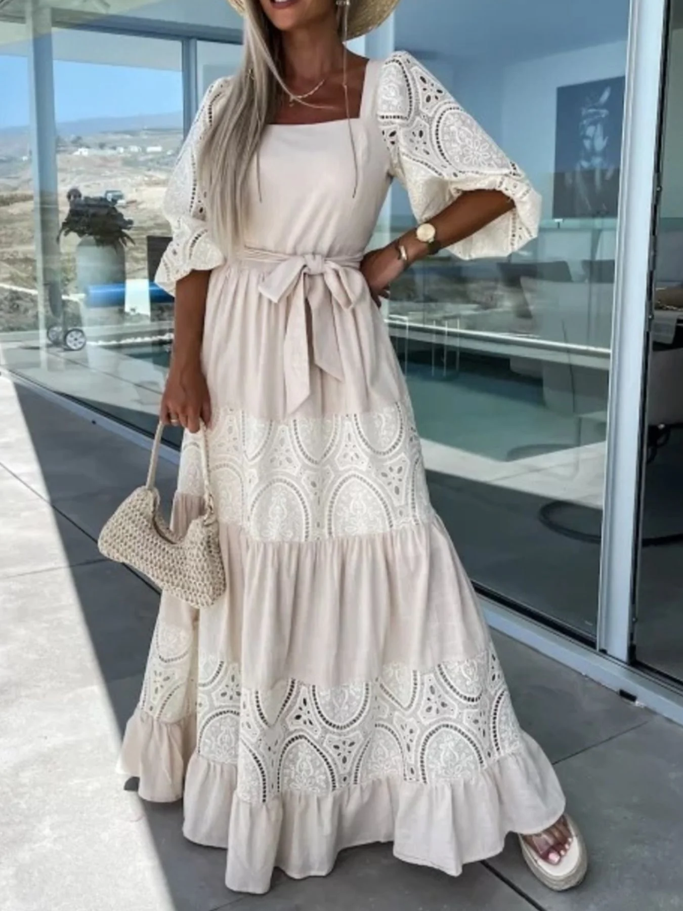 Lace Sleeve Belted Tiered Ruffled Maxi Dress - Image 2
