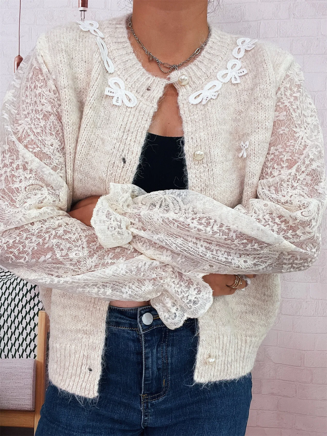 Lace Sleeve Button-Up Cardigan - Image 3