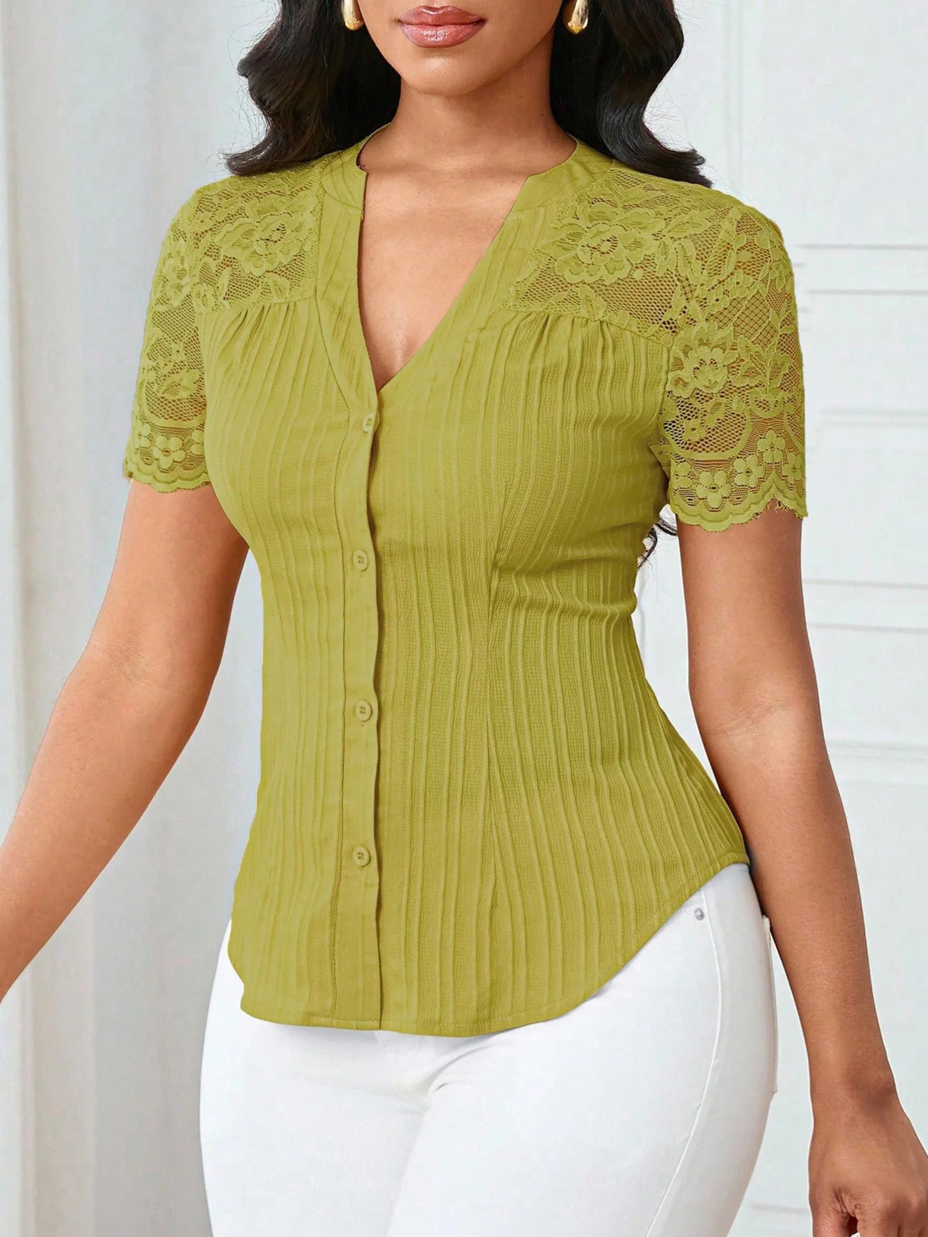 Lace Sleeve Button Up Shirt - Image 25