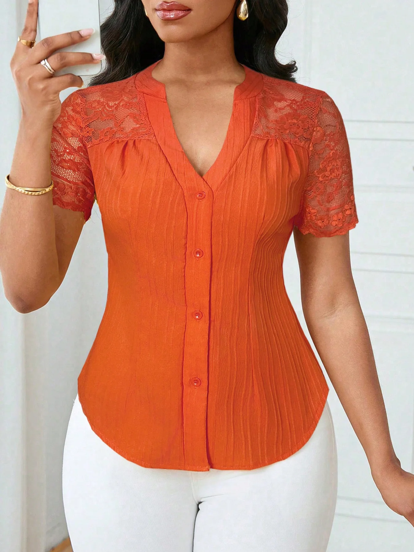 Lace Sleeve Button Up Shirt - Image 27