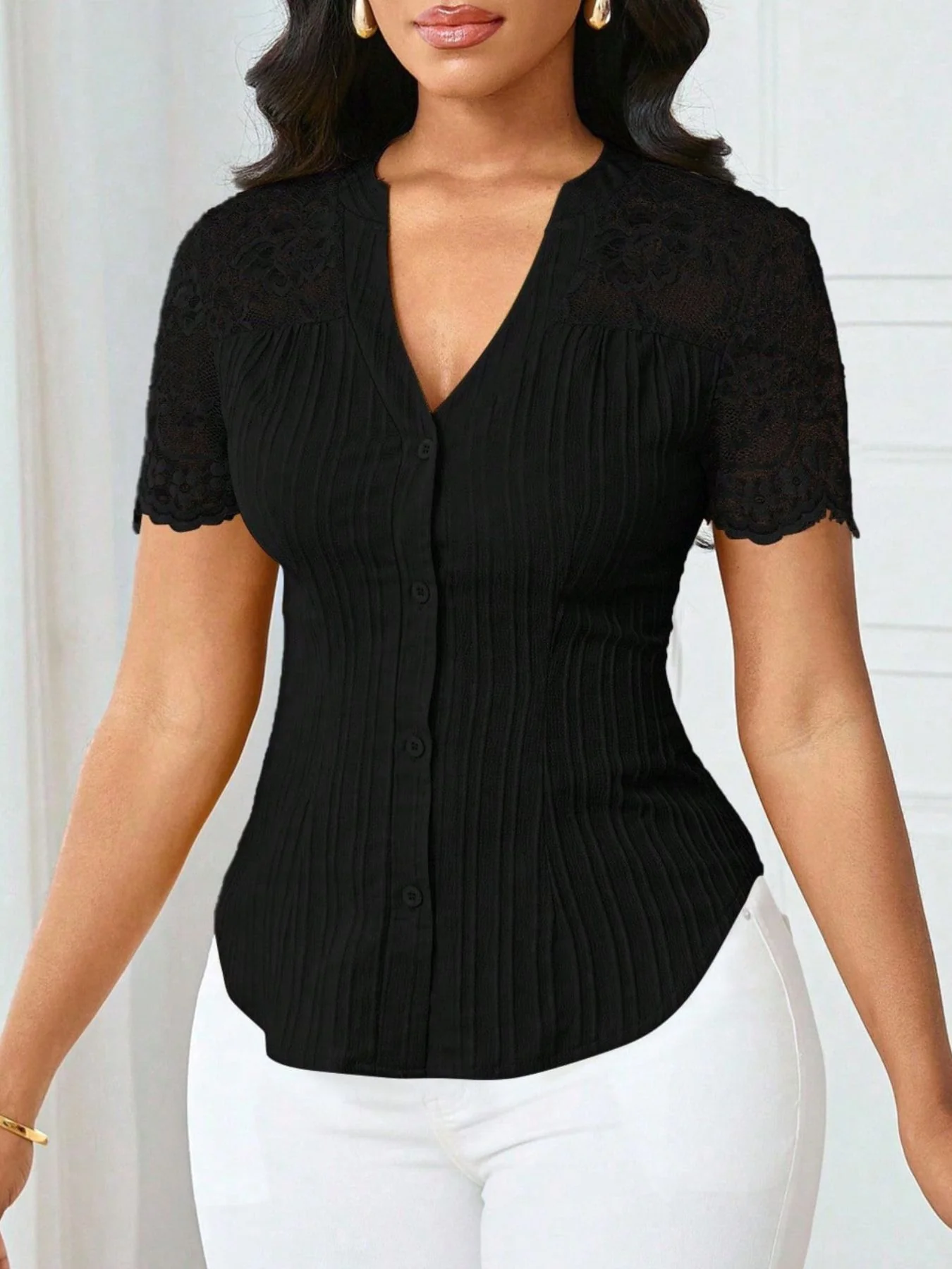 Lace Sleeve Button Up Shirt - Image 5