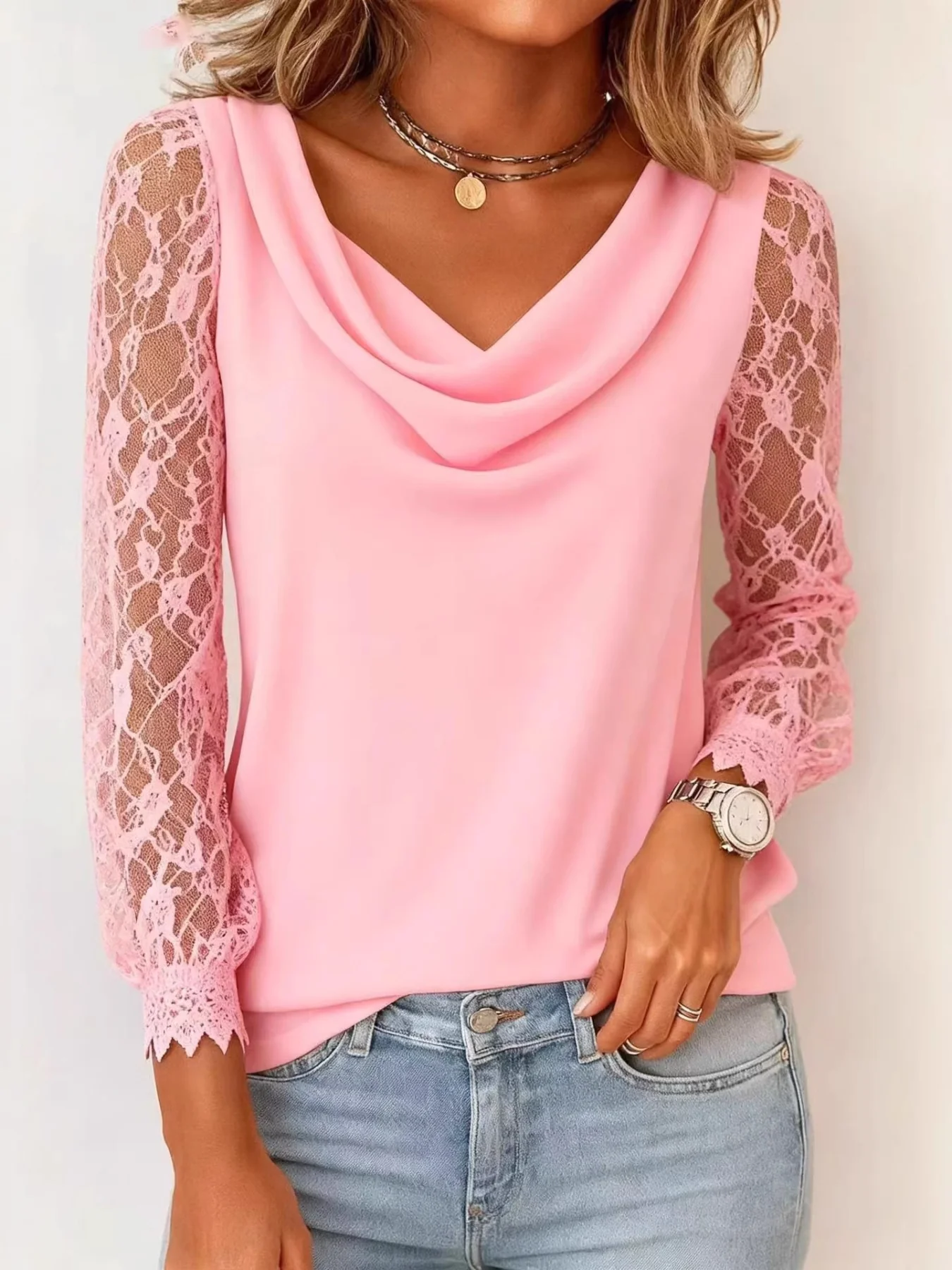 Lace Sleeve Cowl Neck Blouse - Image 4