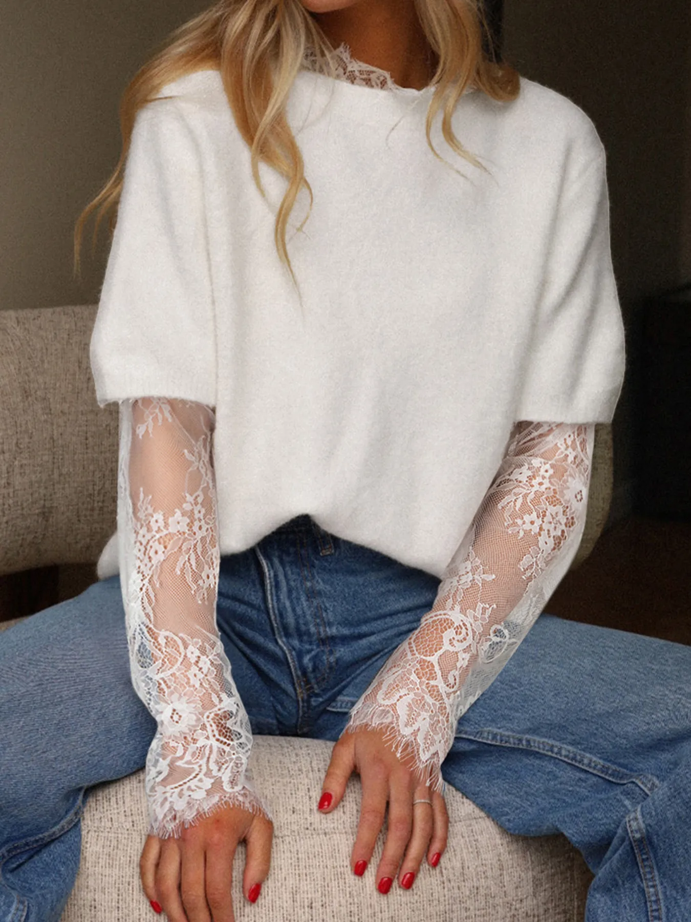 Lace Sleeve Patchwork Faux Two-piece Fuzzy Sweater - Image 2