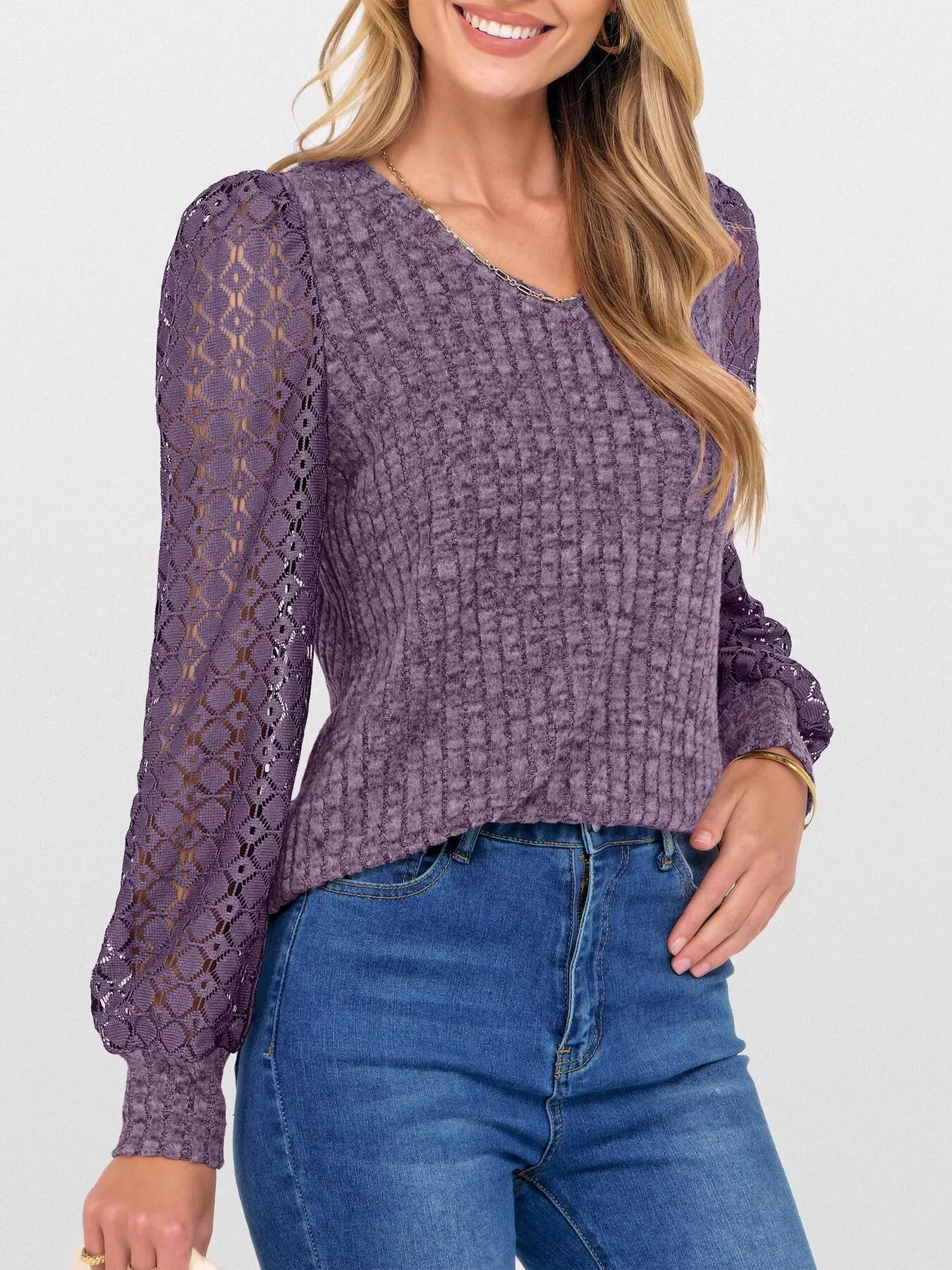 Lace Sleeve V-Neck T-Shirt - Image 2