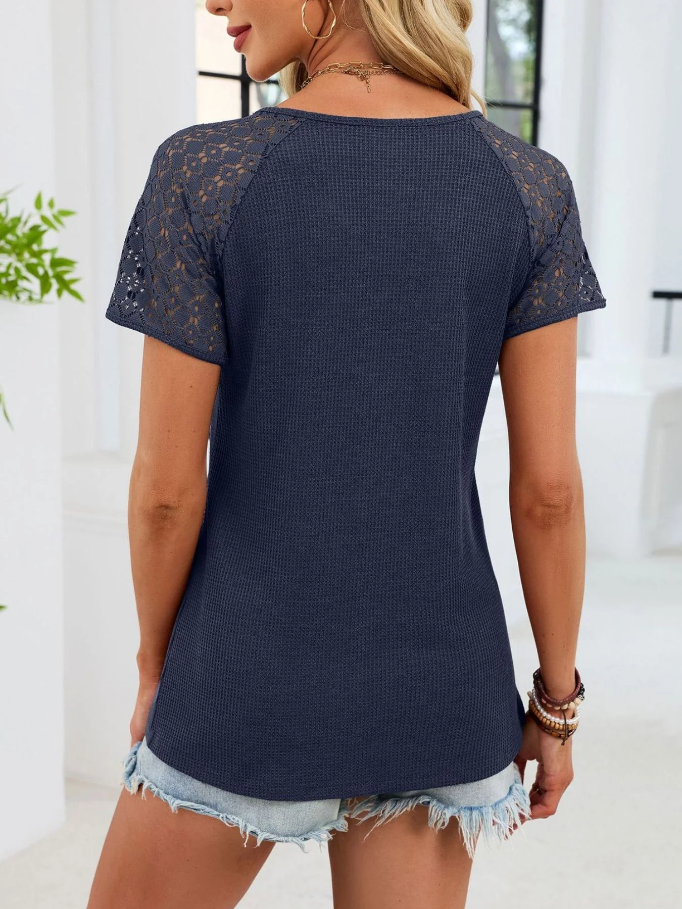 Lace Sleeve V-Neck Waffle Knit T-Shirt - Image 21