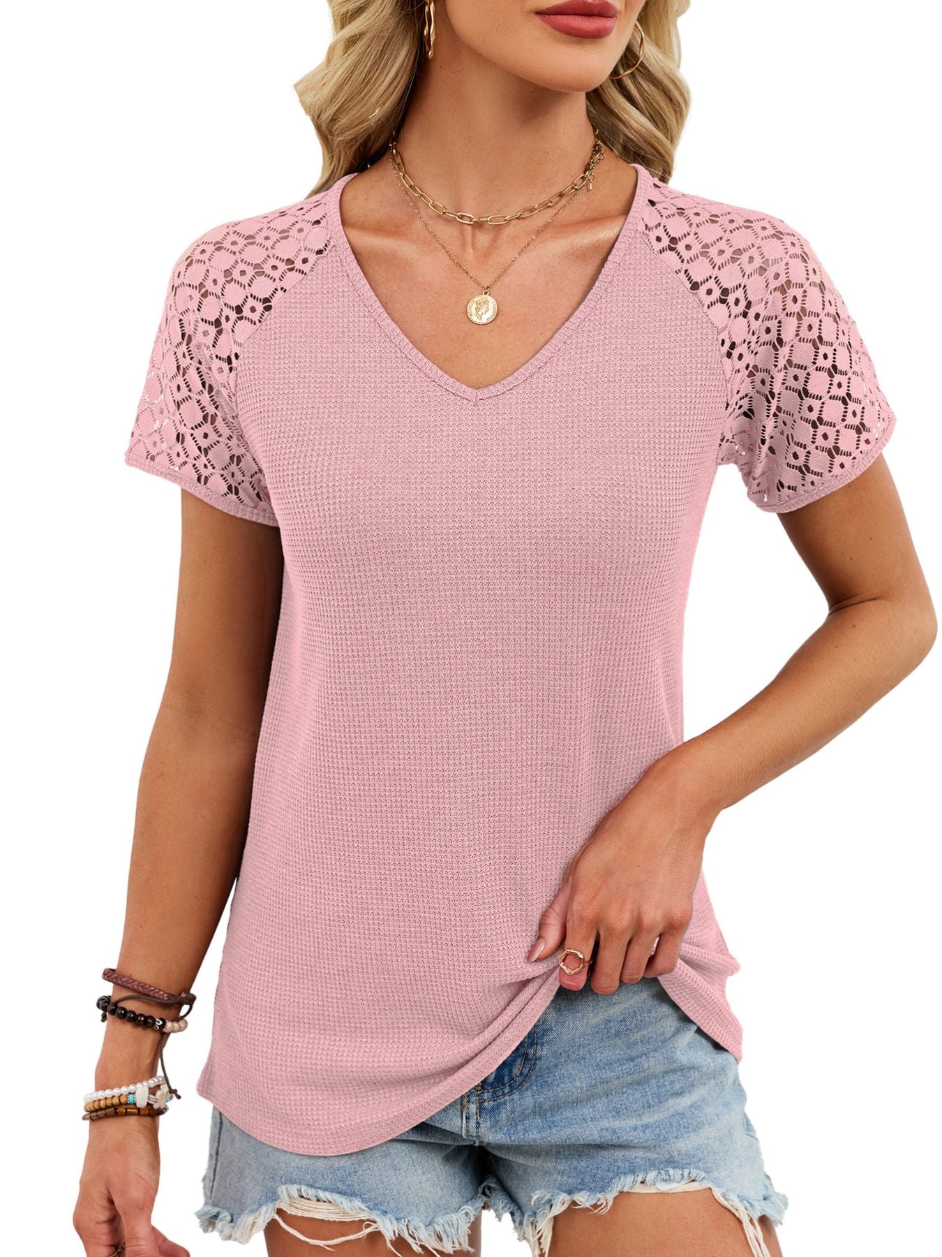 Lace Sleeve V-Neck Waffle Knit T-Shirt - Image 23