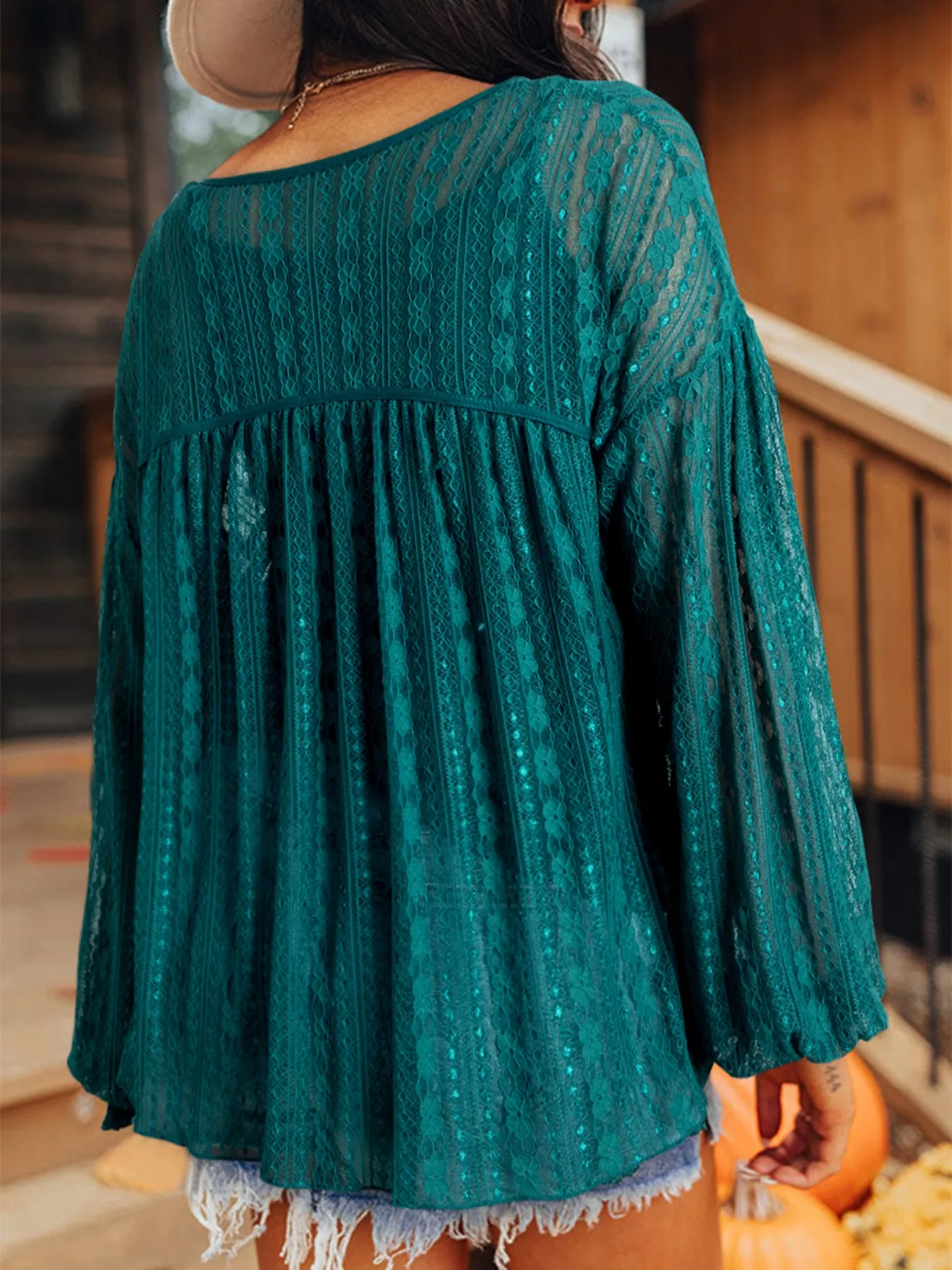 Lace Tie Neck Long Sleeve Blouse - Image 2