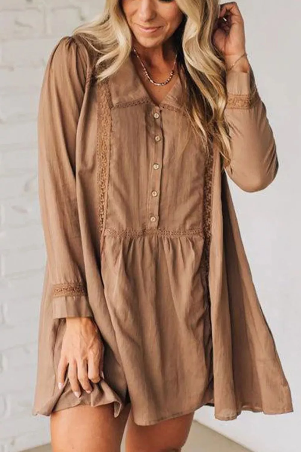 Lace Trim Button-Down Mini Dress - Image 3