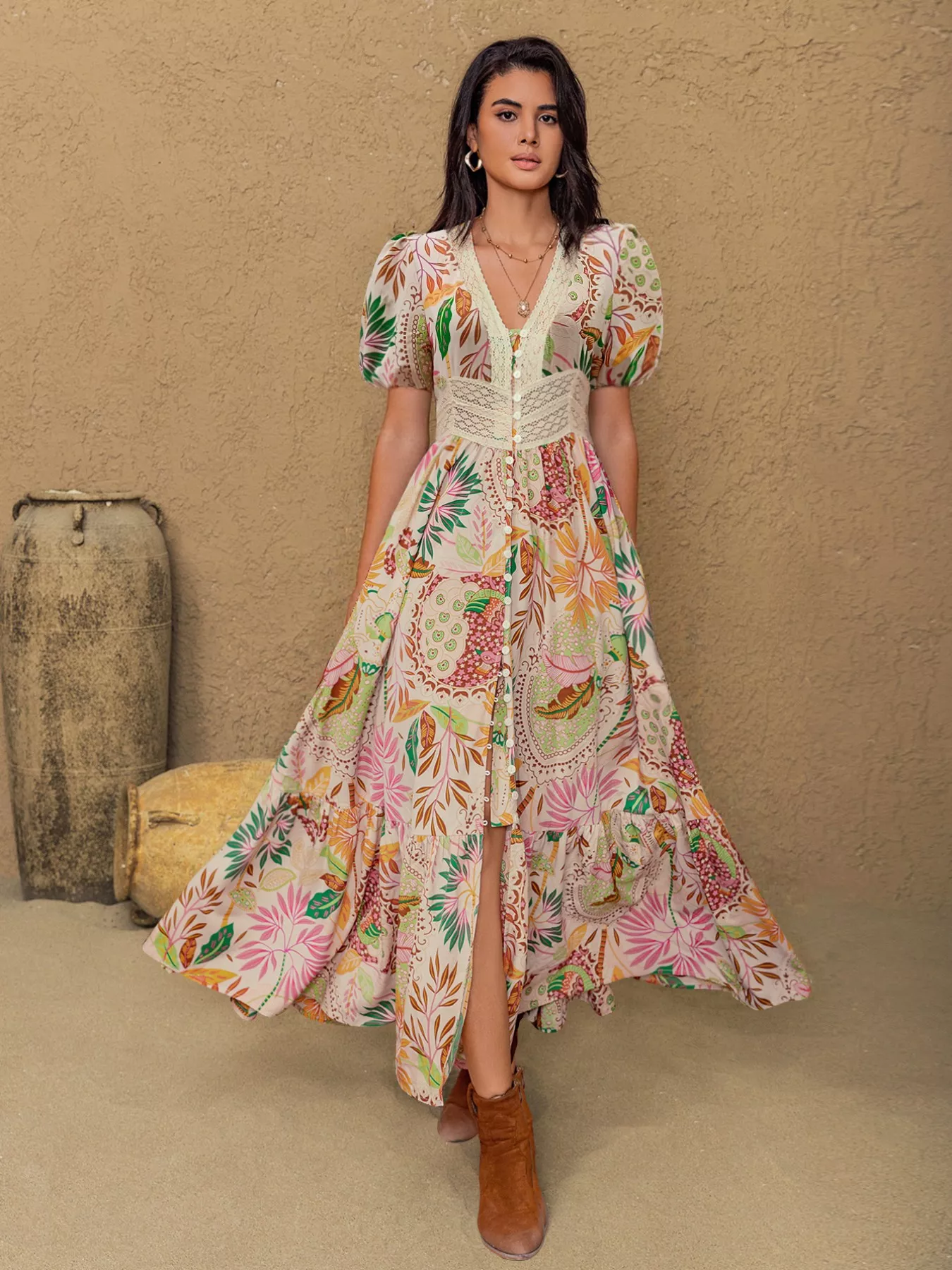 Lace Trim Floral Print Puff Sleeve Dress - Image 4
